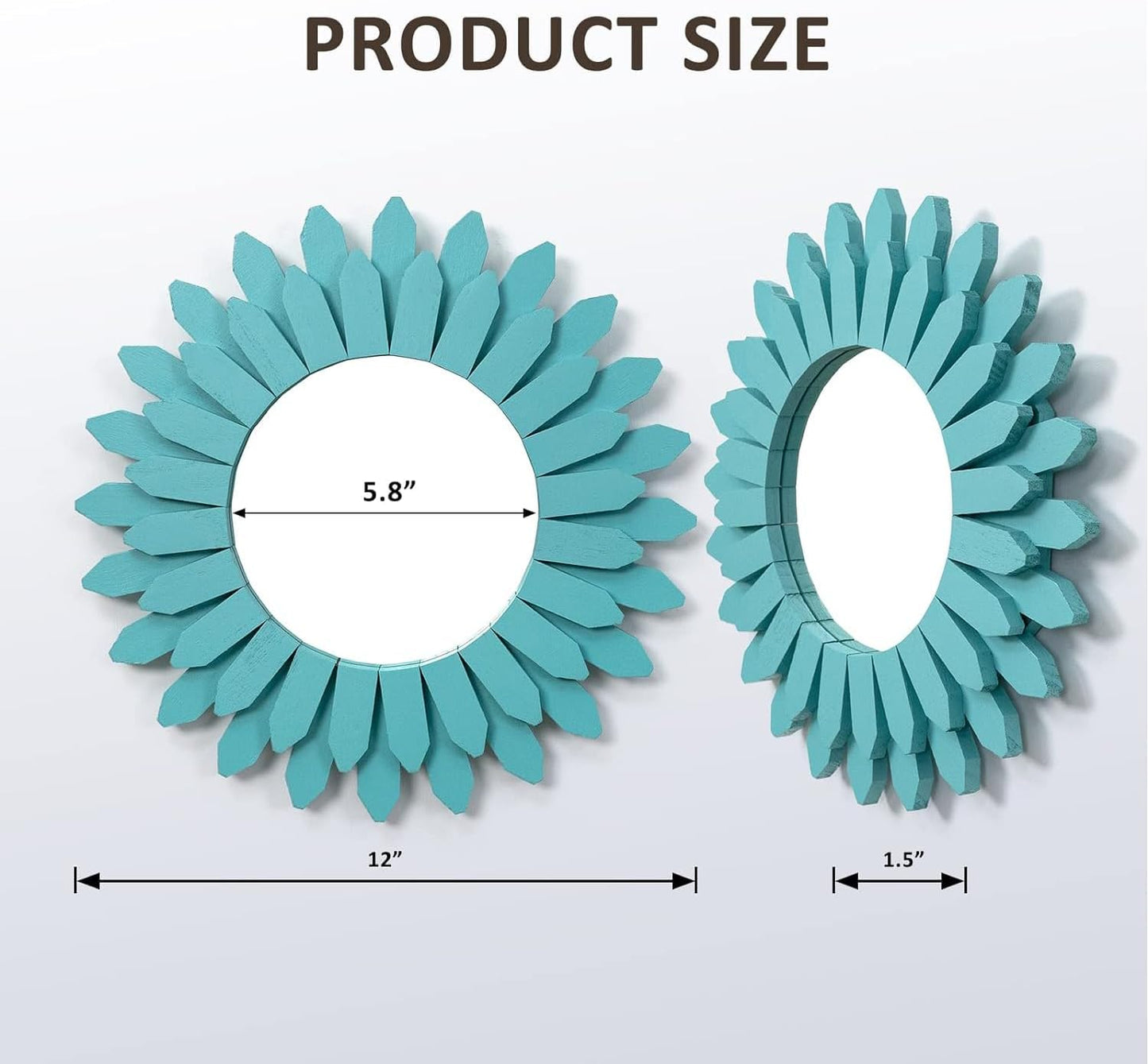 Honiway Beach Wall Decor Mirror 2 Pack 12 inch Wood Coastal Wall Decor Sunburst Boho Home Decor Room Decor for Bedroom Living Room Entryway Cyan