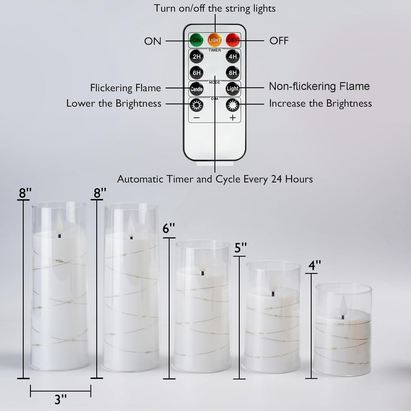 Homemory Pure White Flameless Candles with Embedded Star String Fairy Lights, Battery Operated Candle, LED Candles, Fake Candles with Remote Control and Timer, Set of 5(H4 5" 6" 8" 8")