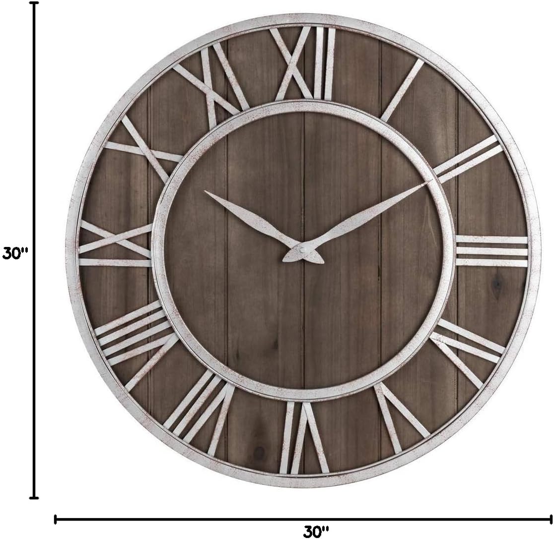 Oldtown Farmhouse Metal & Solid Wood Noiseless Wall Clock (Dark Brown, 30-inch)