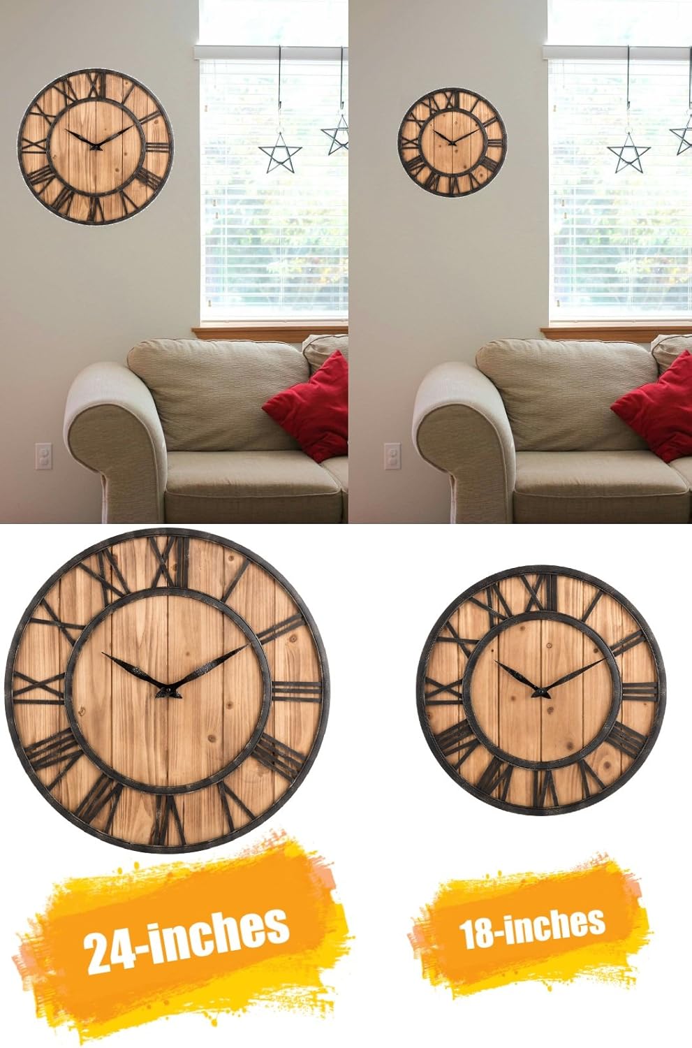 Oldtown Farmhouse Metal & Solid Wood Noiseless Wall Clock (Wood, 18-inch)