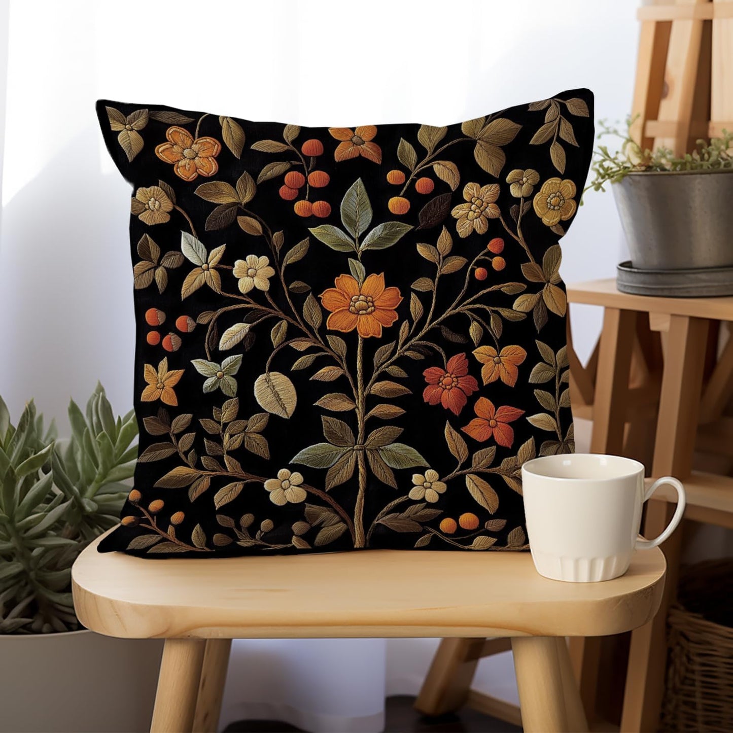 William Morris Abstract Vintage Print Floral Velvet Design Throw Pillow Covers Home Decor, Retro Art Deco Pillowcase Cushion Cover for Bed Sofa Living Room, Square 18x18inch (Black-Floral)