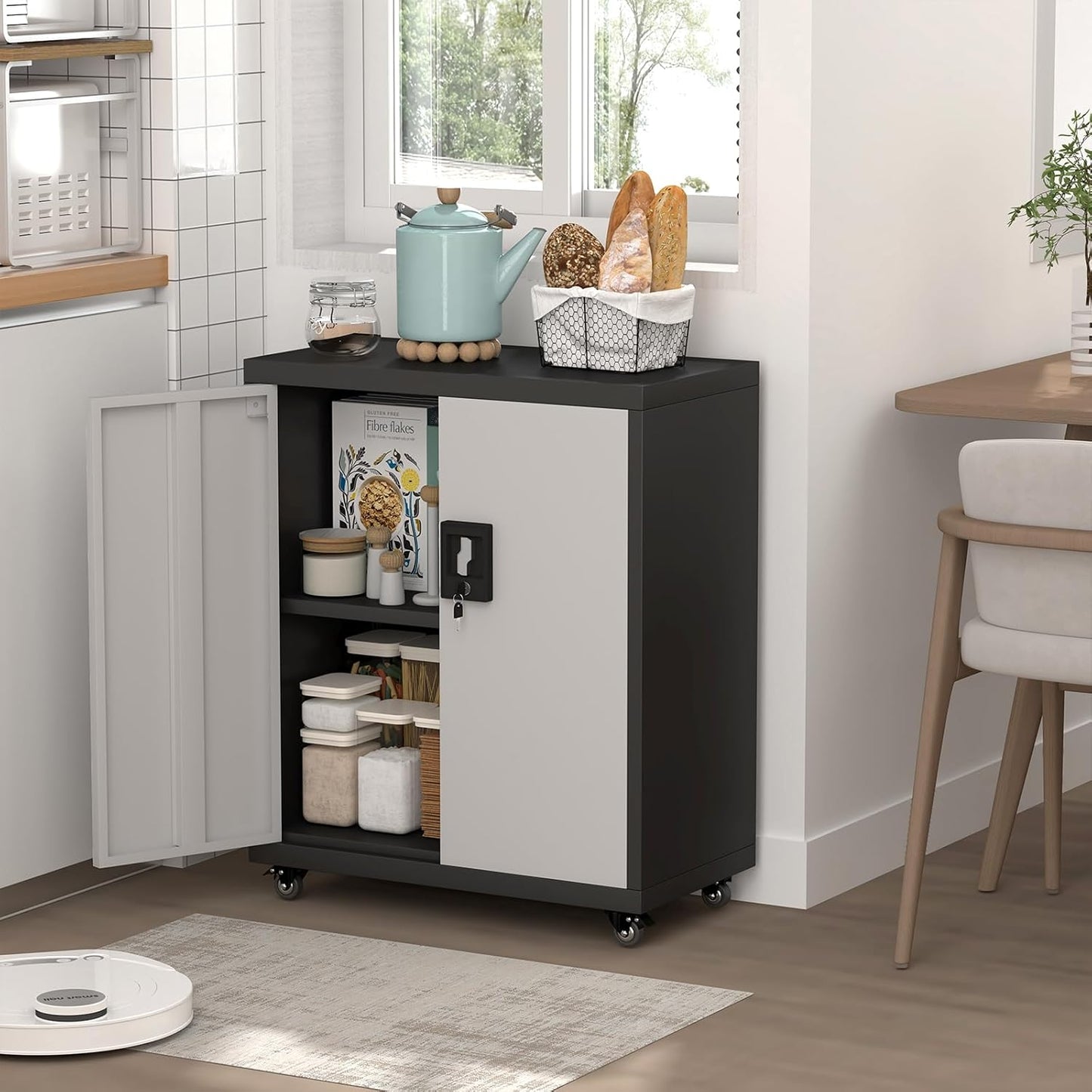 Locking Storage Cabinet,Steel Garage Cabinet with Wheels,Utility Tool Cabinet1 for Garage,Home Office and Warehouse