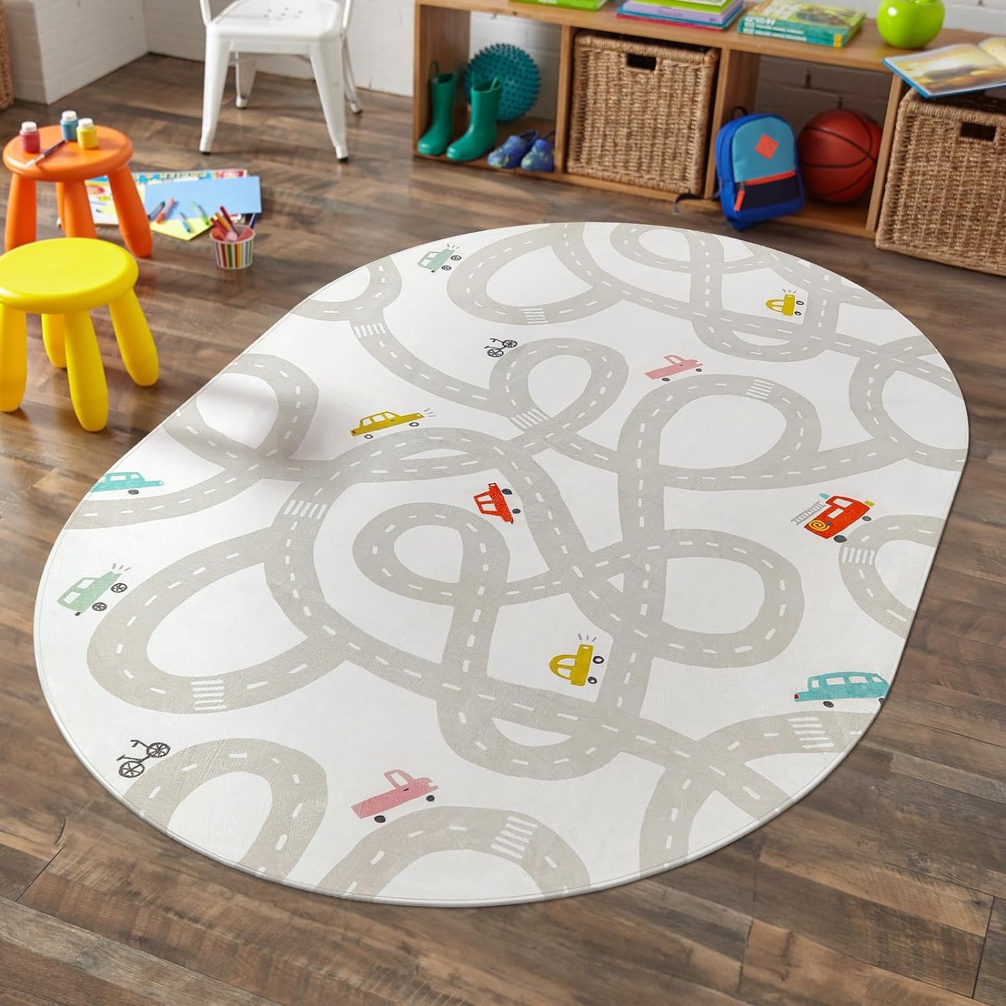 STARUIA Grey Kids Rug for Playroom, 5'x7' Washable Road Rug for Kids Bedroom, Non-Slip Car Rugs for Nursery, Large Traffic Play Mat Utral Soft Baby Carpet for Boys Girls Dorm Toy Room Tent