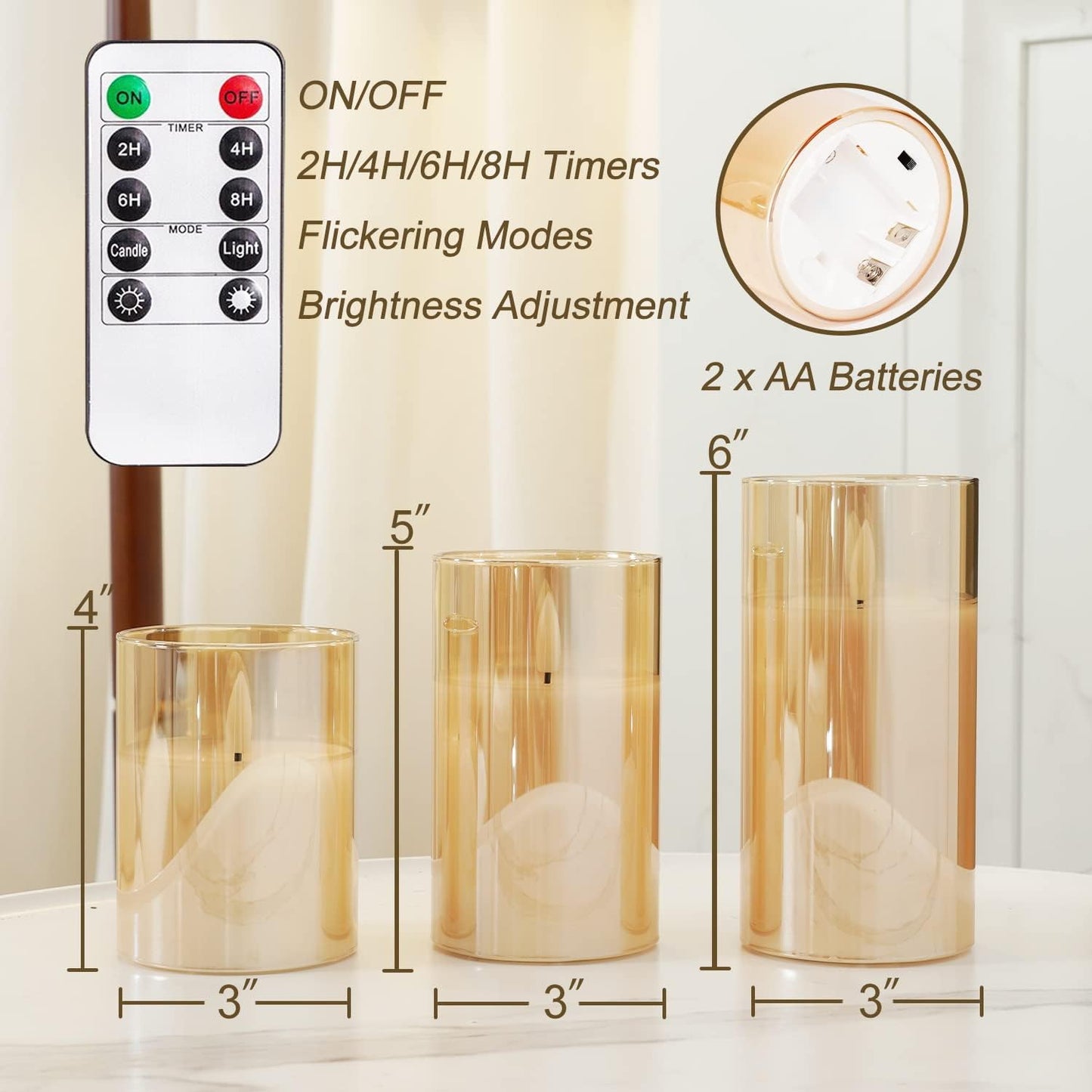 Homemory Amber Glass Flameless Candles, Battery Operated LED Pillar Candles with Remote Control and Timer, Radiance Candles, Real Wax, Set of 3,D3 xH4 5" 6"