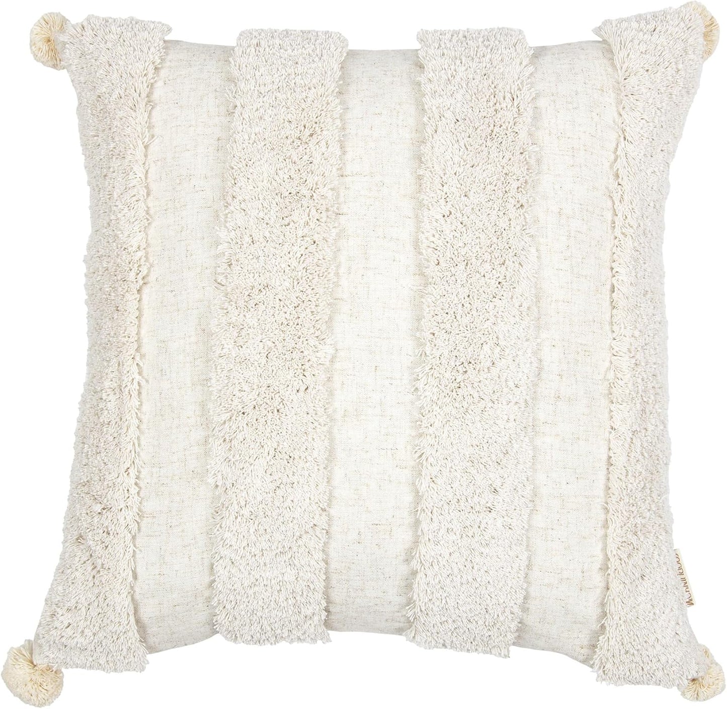 Boho Pillow Covers 18X18 Inch Boho Tufted Linen Throw Pillow Covers Decorative Pompoms Cushion Cover Farmhouse Pillow Case for Couch Sofa Bed Living Room Bedroom,Cream White