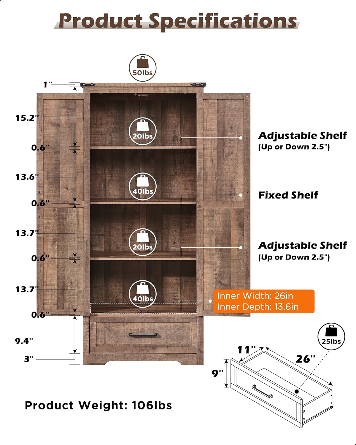 72" Tall Wood Storage Cabinet, Farmhouse Kitchen Pantry Cabinet with Adjustable Shelves & Drawer & Barn Doors, Versatile Storage for Kitchen, Dining Room, Bathroom, Light Brown