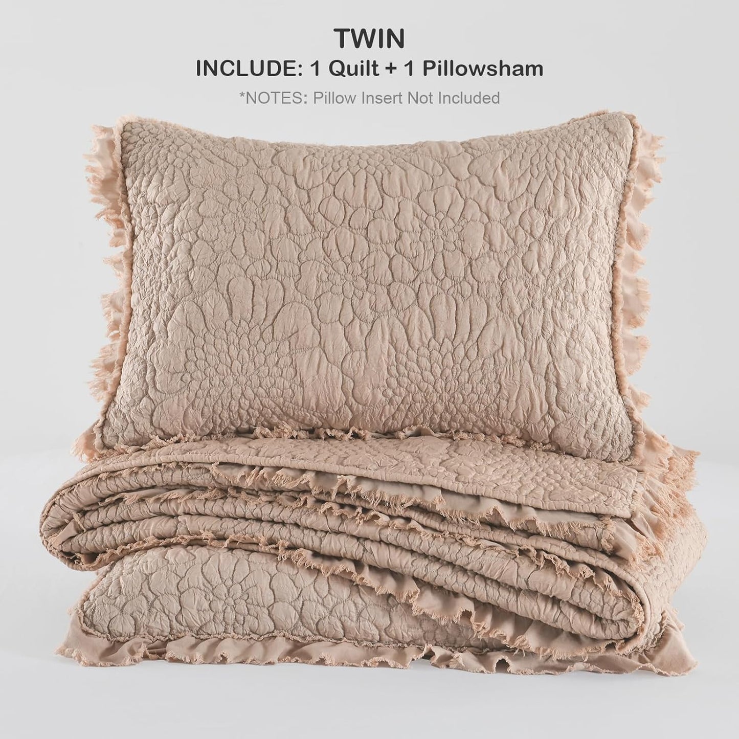 HORIMOTE HOME Pinkish Grey Ruffled Quilt Twin Size, Stone-Washed Microfiber Lightweight Crinkled Farmhouse Rustic Shabby Chic Bedding Set, 2 Pieces Reversible Bedspread with Pillow Sham for All Season