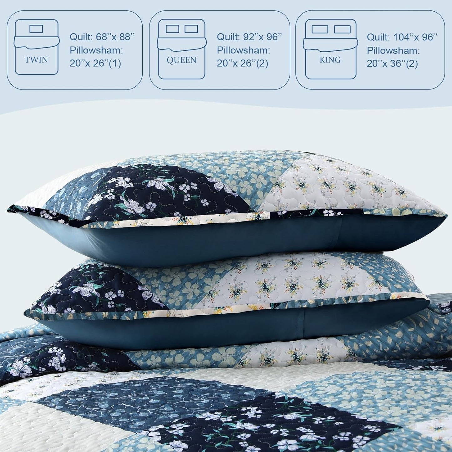 Exclusivo Mezcla Reversible Boho Quilt Set King Size, 3 Pieces Patchwork Blue All Season Bedspreads, Ultra Soft Floral Coverlet Bedding Set with Printed Pattern (1 Quilt, 2 Pillow Shams)