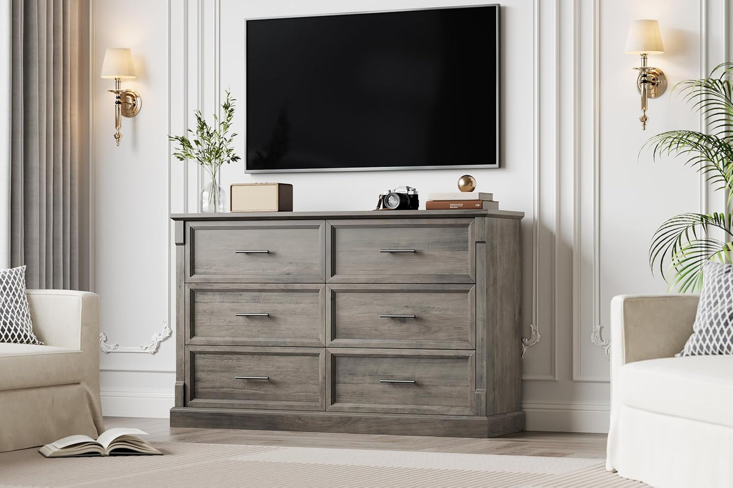 GAOMON Grey 6 Drawer Dresser for Bedroom, Farmhouse 47.2" Wide Chest of Drawers with Metal Handles, Rustic Double Wood Dresser, Storage Dressers Organizer for Living Room, Nursery