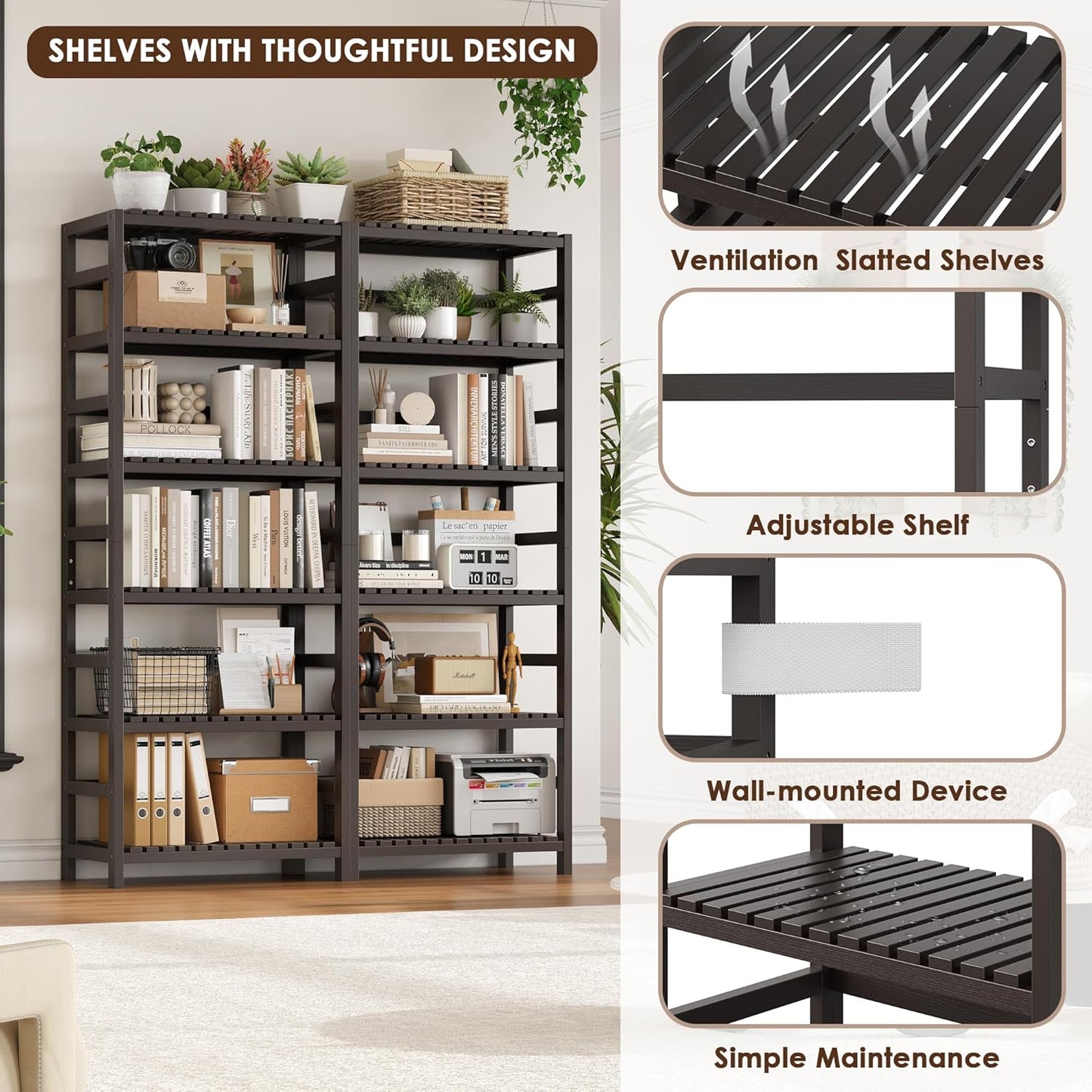 FOTOSOK 6-Tier Bamboo Shelf Set of 2, Bamboo Bookcase with Adjustable Shelves, Free Standing Storage Shelf Unit and Plant Flower Stand, Tall Large Bookshelf for Kitchen, Bathroom, Home Office, Vintage