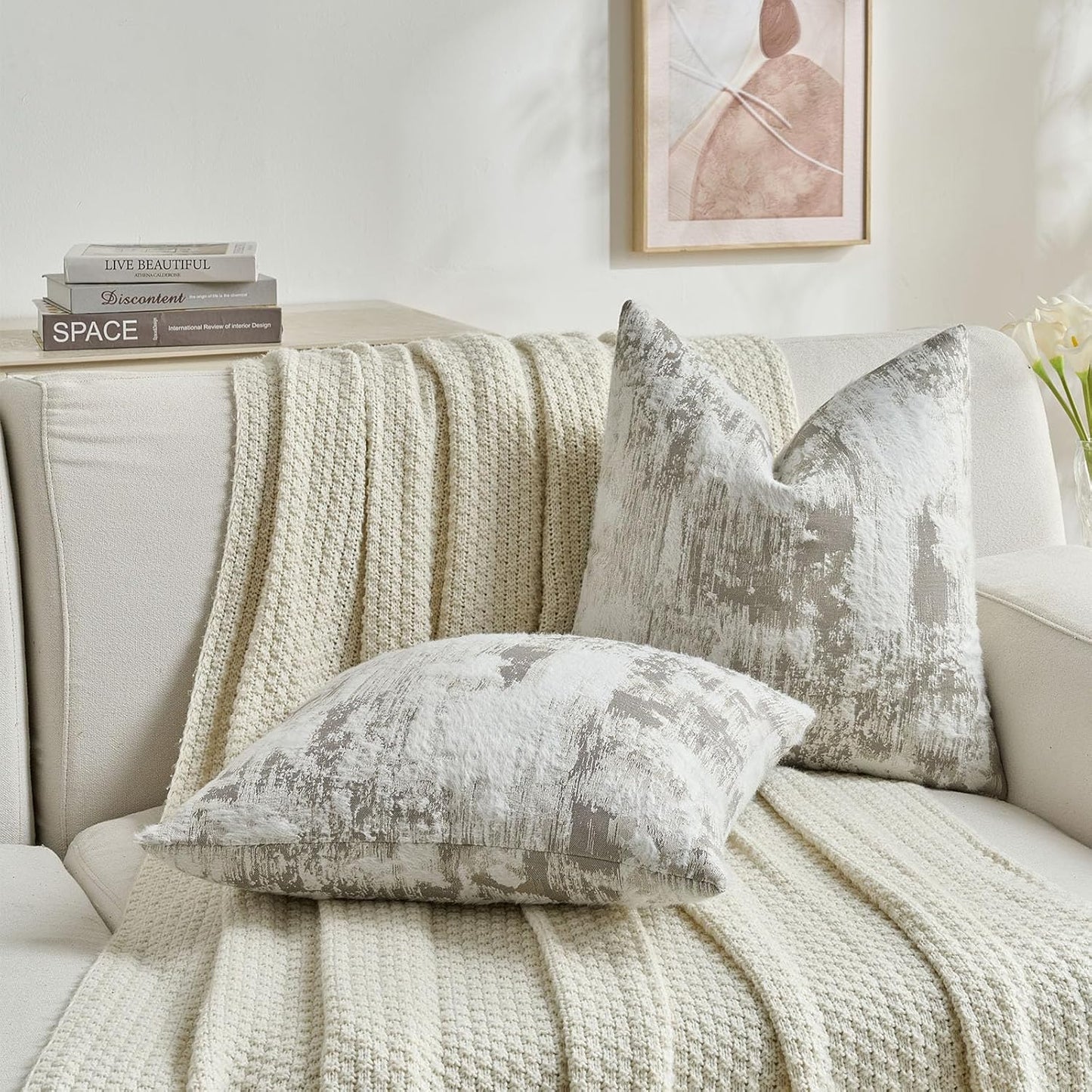 FUTEI Grey White Decorative Throw Pillow Covers 18x18 Inch Set of 2,Soft Faux Cashmere Jacquard - Textured & Cozy Cushion Case,Modern Home Decor for Couch Bed Living Room