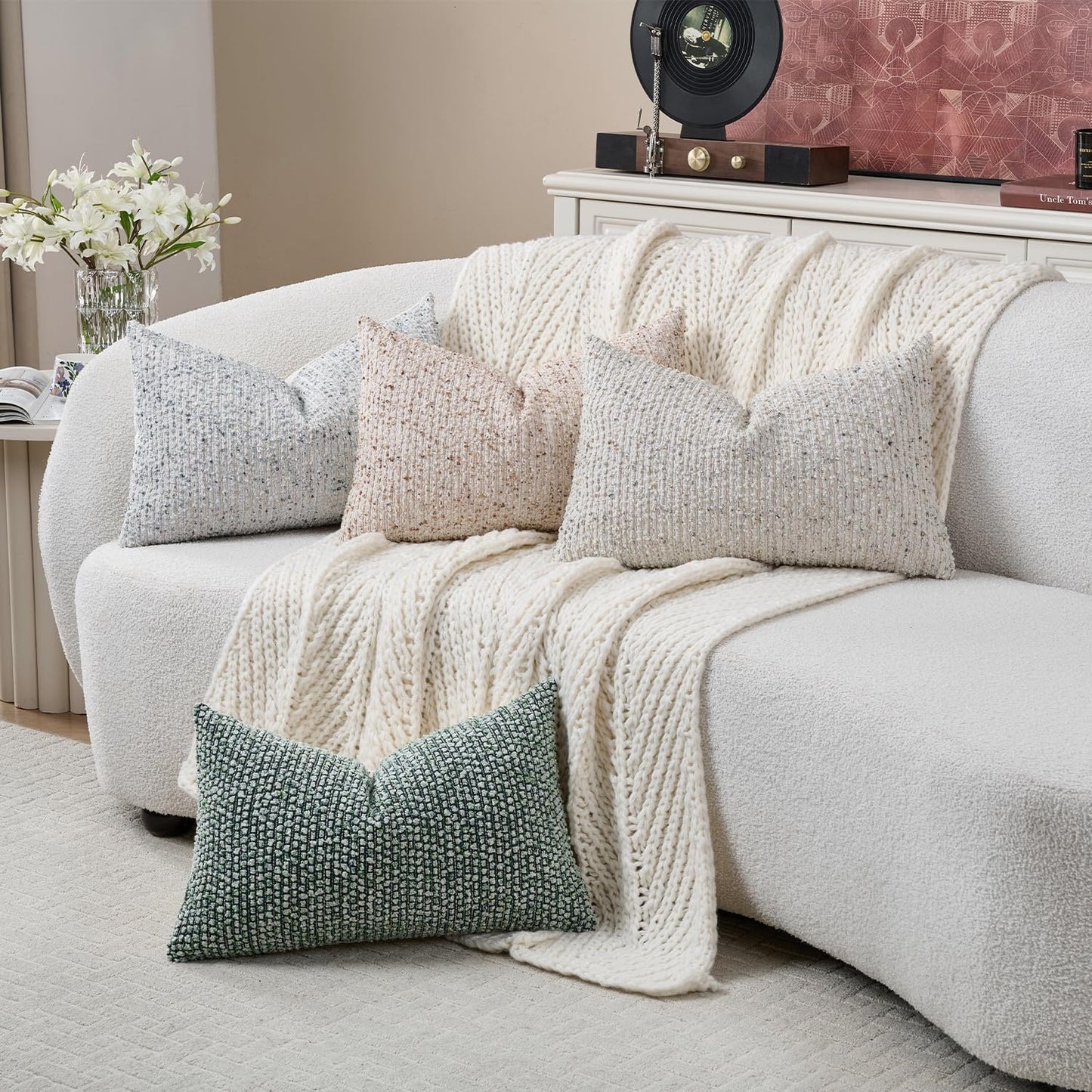 DEZENE Striped Throw Pillow Covers 12x20 Set of 2 Green Textured Polyester Chic Morden Boho Accent Farmhouse Rectangular Lumbar Decorative Couch Pillow Covers for Home Decor Bed Sofa Living Room