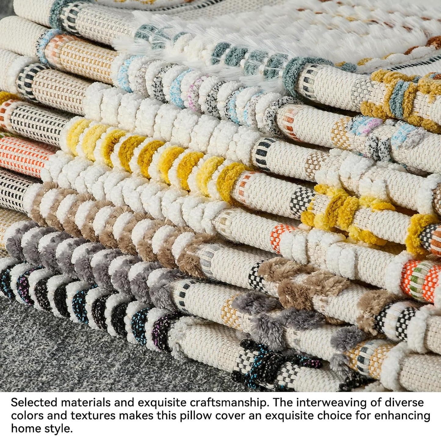 AmHoo Set of 2 Chenille Striped Textured Boho Throw Pillow Covers Aesthetic with Tassels Woven Decorative Pillow Case for Couch Bed Sofa Bedroom Modern Funky 18 x 18-Inch Taos Taupe