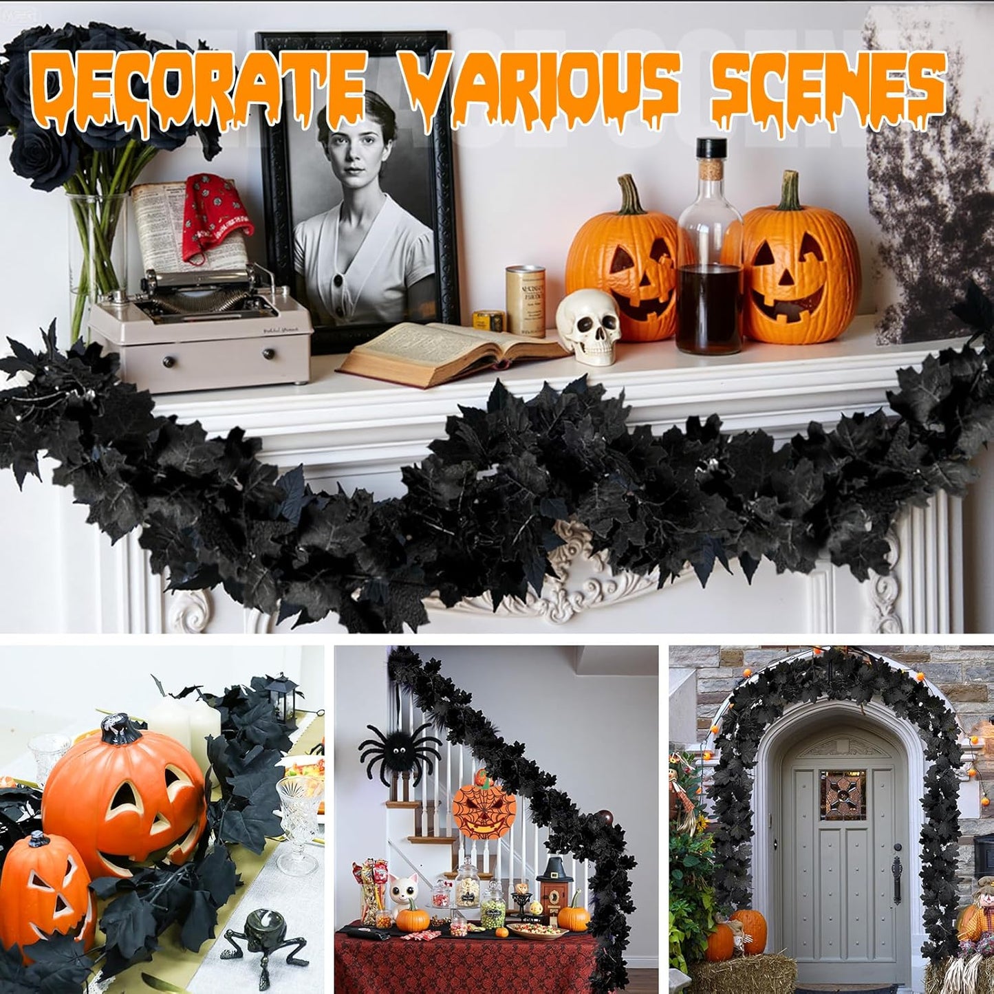 Joyhalo 4 Pack Halloween Garland, 5.7FT Black Maple Leaf Garland Halloween Decor, Spooky Black Leaves Vines Outdoor for Mantle, Home, Office, Stair Railing, Door Frame, Fireplace and Fall Decorations