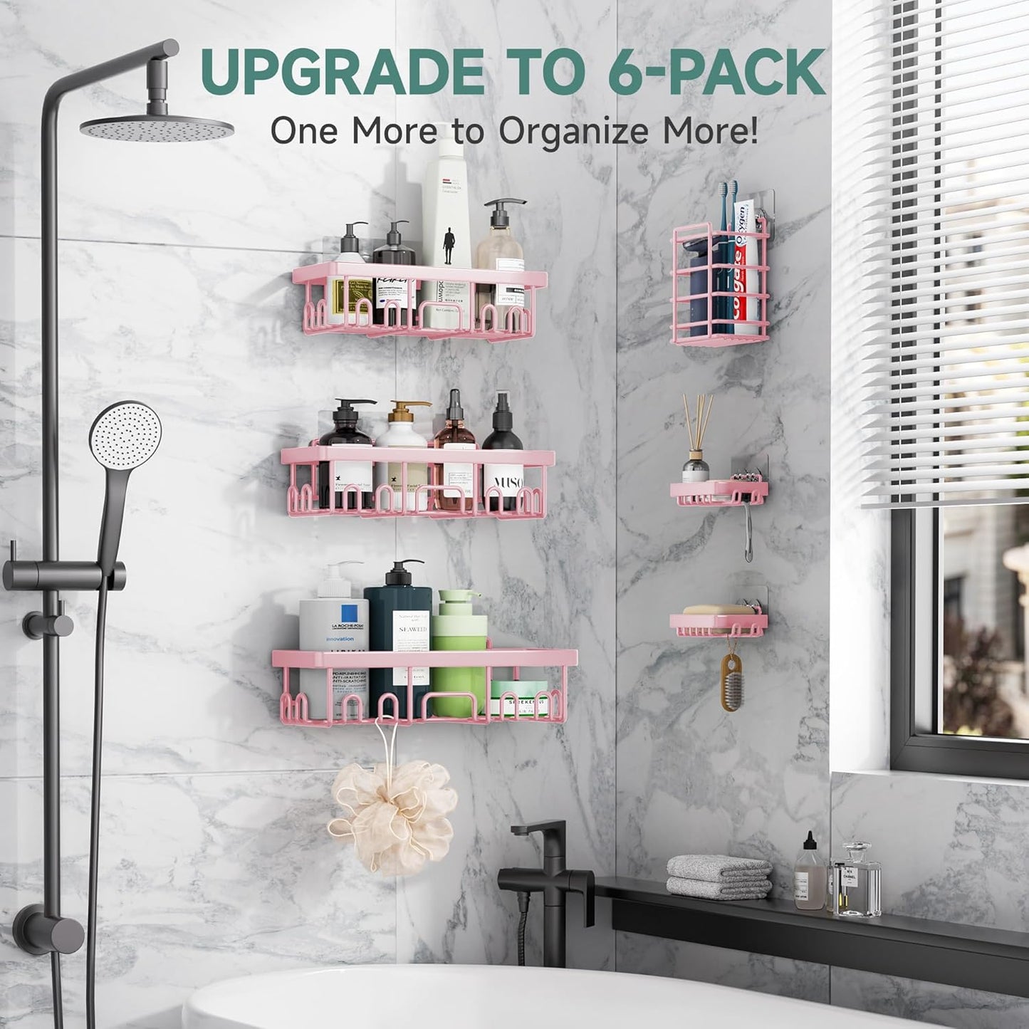 Veken Rustproof & Waterproof Shower Caddy 6-Pack, No Drilling Adhesive Shelves Rack with Soap Holder, Large Capacity Bathroom Organizers and Storage, Wall-Mounted Kitchen & Home Decor