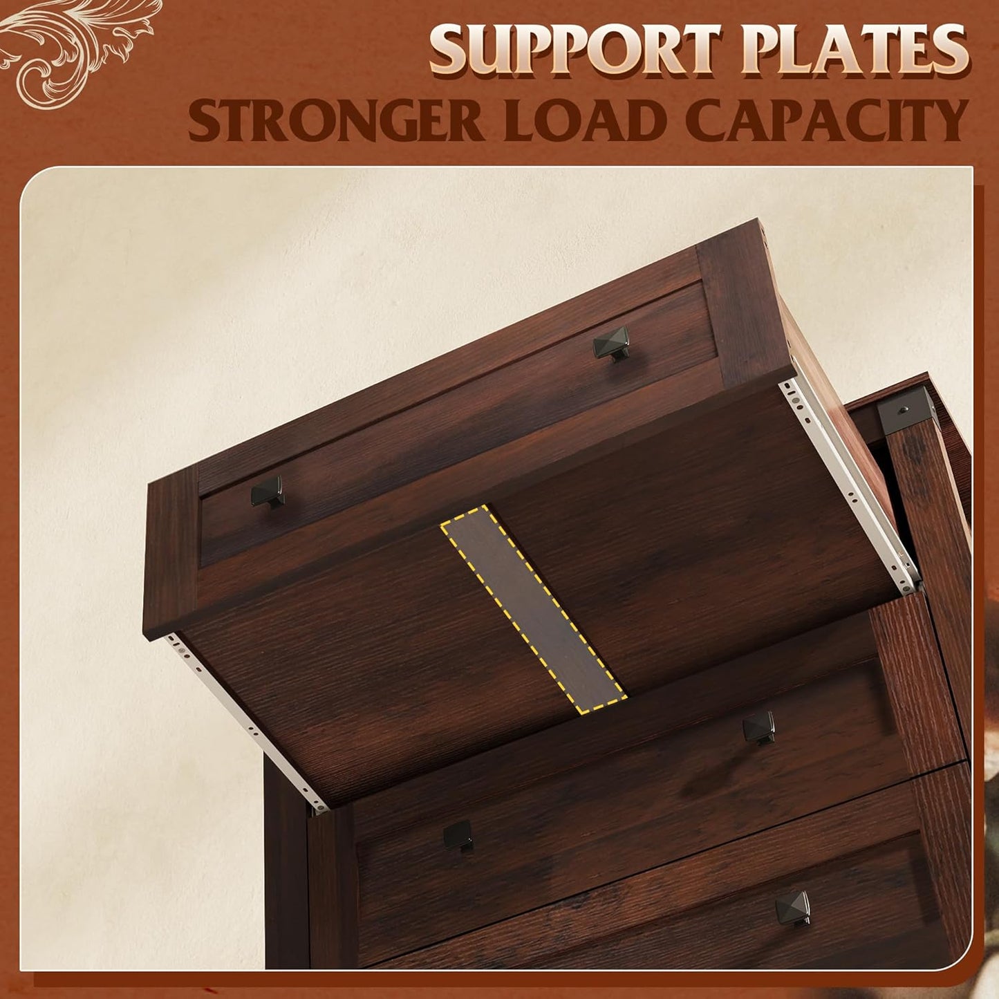 WLIVE Farmhouse Brown Dresser for Bedroom, 5 Drawer Dresser Storage Organizer, Tall Wood Dressers with Double Rustic Handle, Chest of Drawers for Living Room, Hallway, Closet