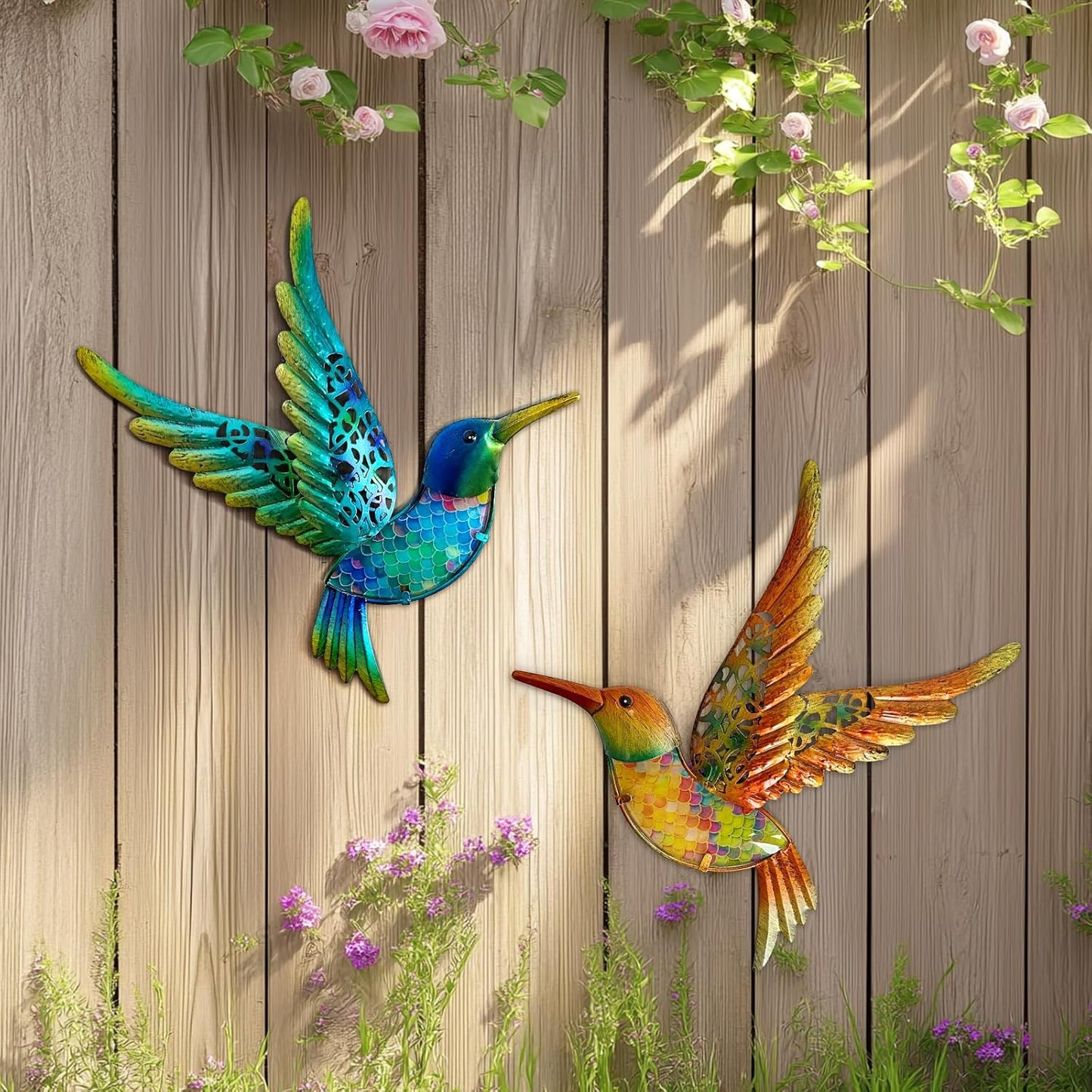 HONGLAND Metal Hummingbird Wall Art 12inch Metal Birds Wall Sculpture Garden Decoration Outdoor Statue Patio Fence Hanging Plaques 2 Pack(Multicolor)