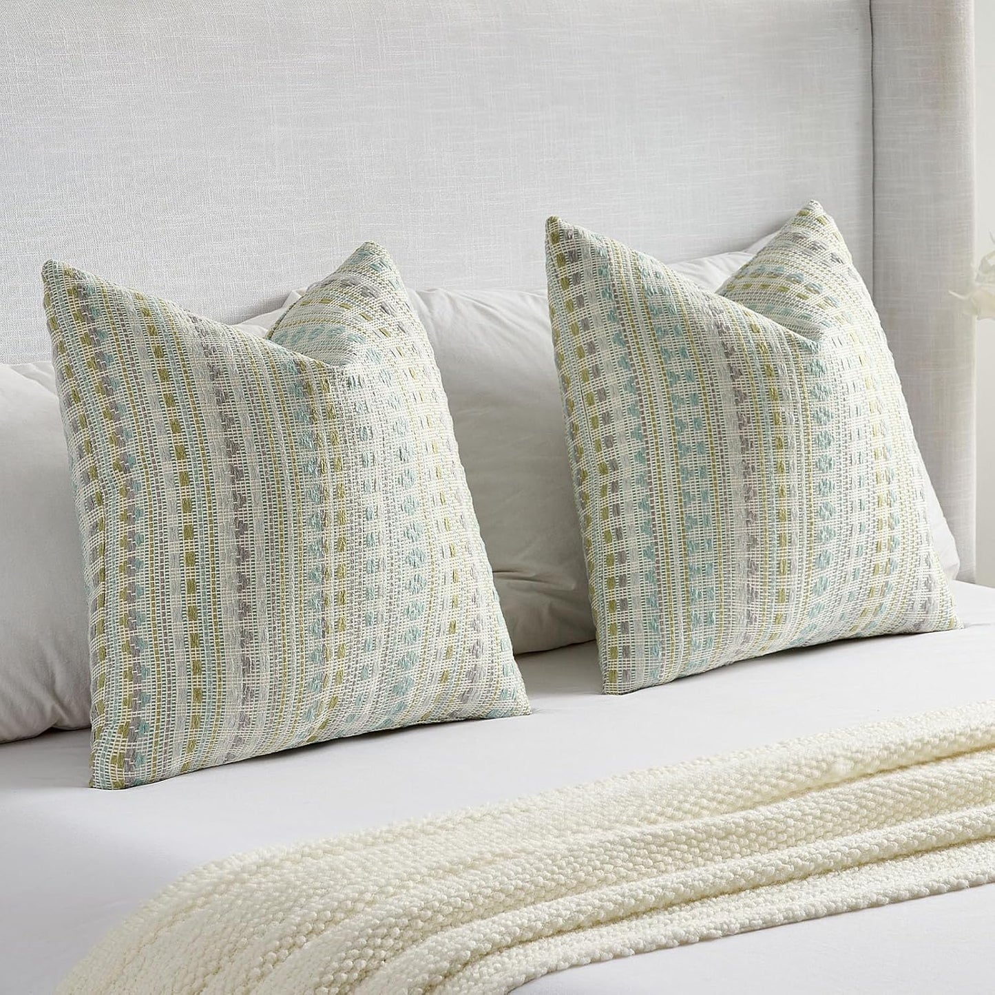 FUTEI Green Blue Decorative Throw Pillow Covers 20x20 Inch Set of 2,Soft Cozy Chenille Jacquard Textured Cushion Case,Boho Home Decor for Couch Bed Living Room