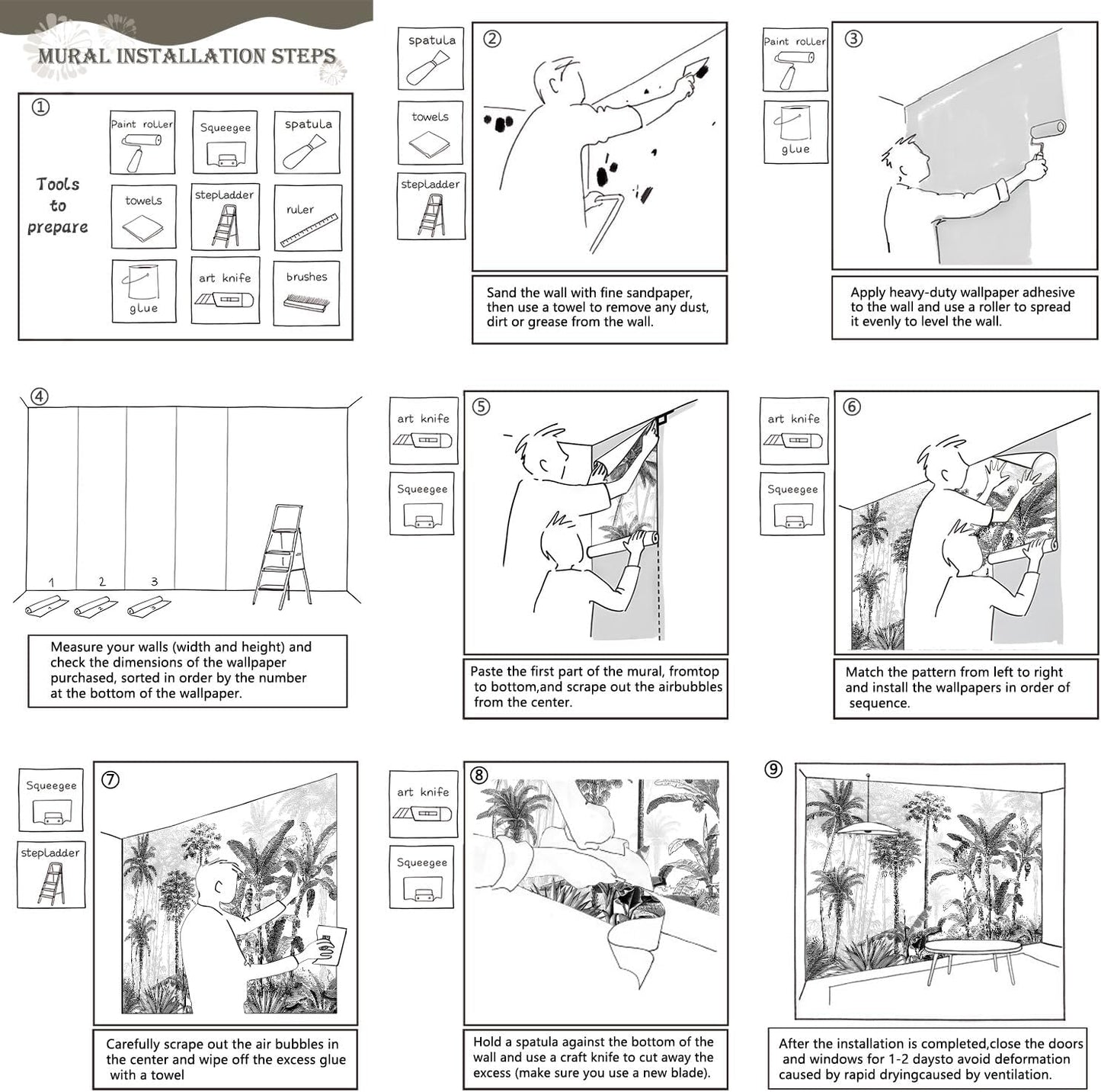 AFZEVEB-Black and White Jungle Wallpaper Hand-Painted Tree Wall murals for Bedroom 159"x107" (Not Peel and Stick)