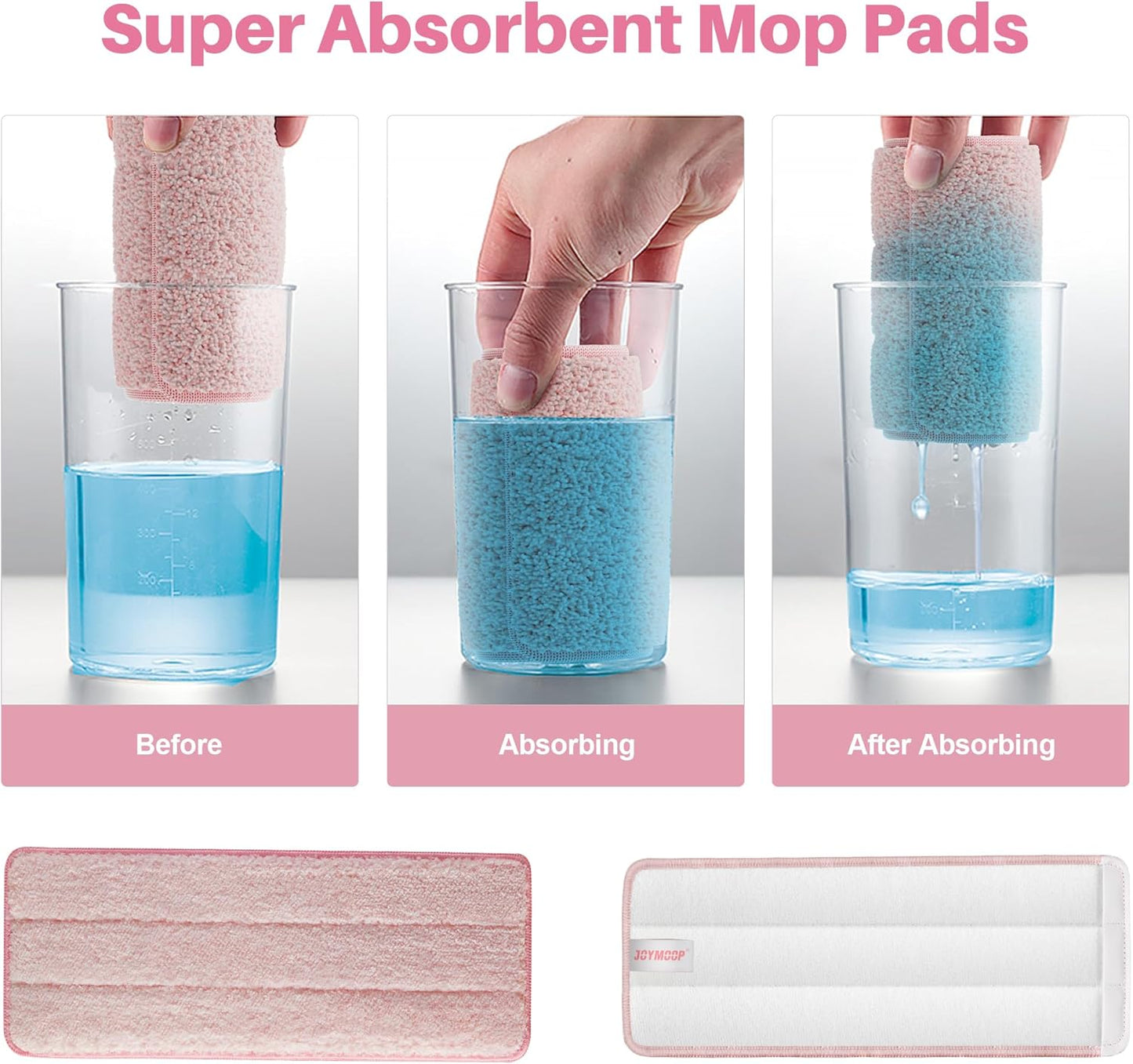 JOYMOOP Flat Mop Pads, Microfiber Mop Cleaning Pads, Washable Pads, Pads Replacement for Flat Mop or Mop Bucket Set, Pack of 4 Refills 13inch - Pink