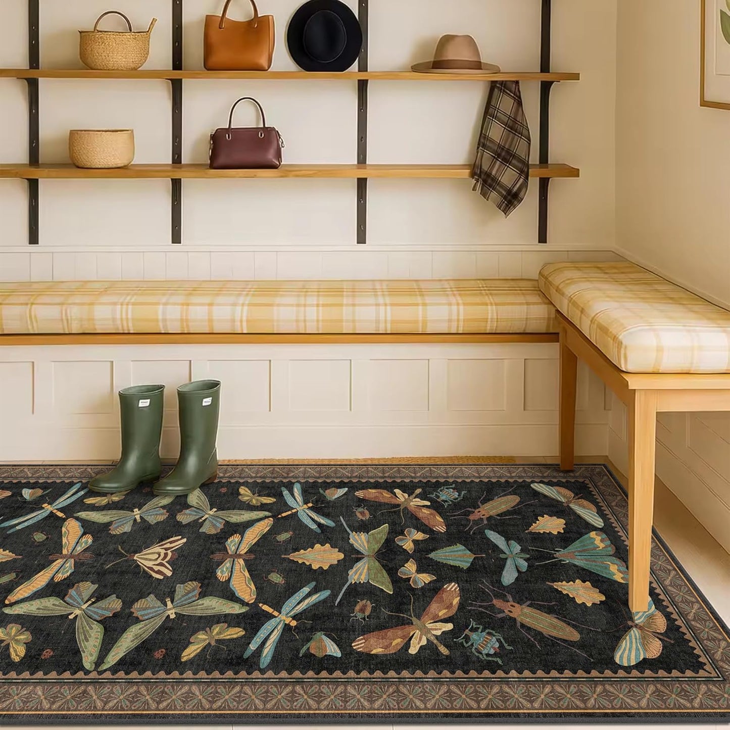 Black Insect 2'6"x8' Washable Non Slip Runner Rugs for Hallways, Non Skid Stain Resistant Rug Runners for Kitchen, Entryway, Mudroom -, Dark Floral Boho Cottagecore Home Decor