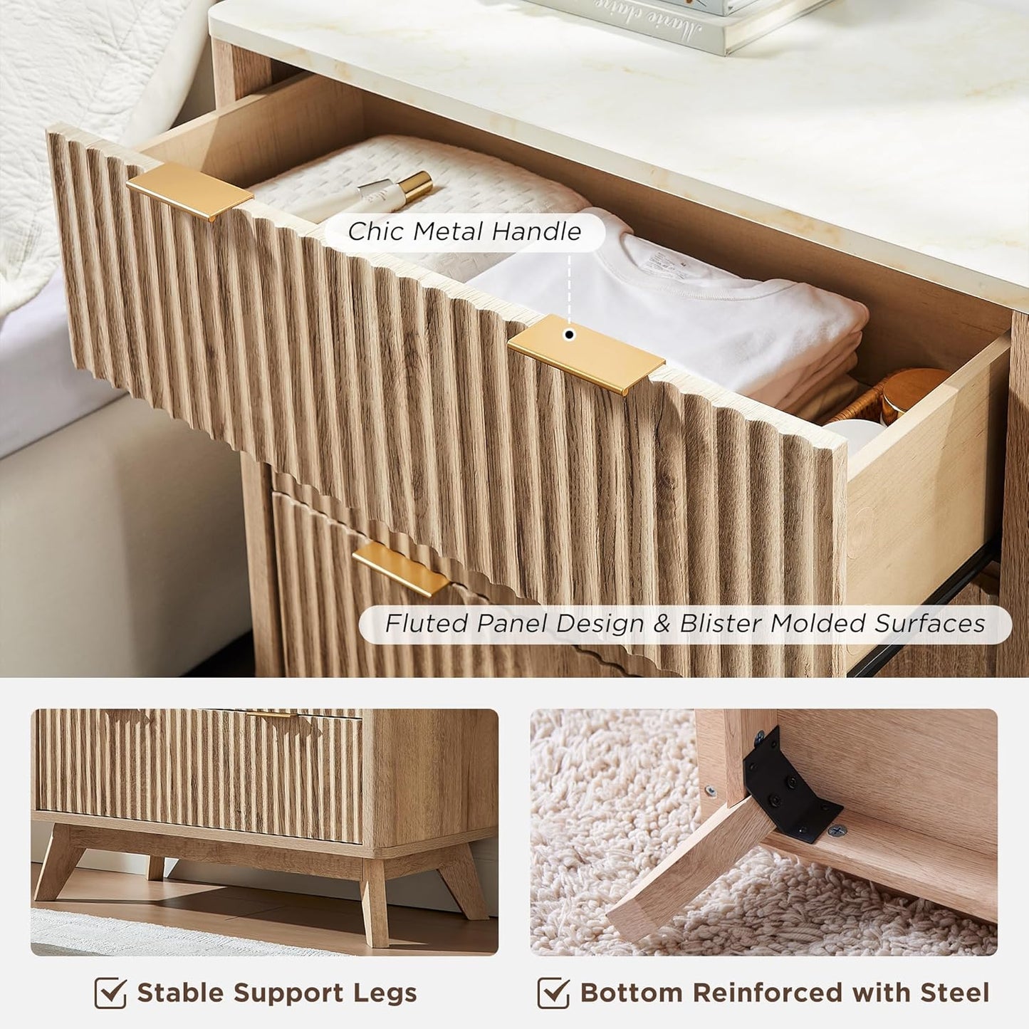 T4TREAM 32" Tall Fluted Nightstand Set of 2, Modern Side Table with Faux Marble Top, 3 Drawers End Table w/Storage, Bedside Table for Bedroom, Living Room, Curved Profile Design, Natural Oak