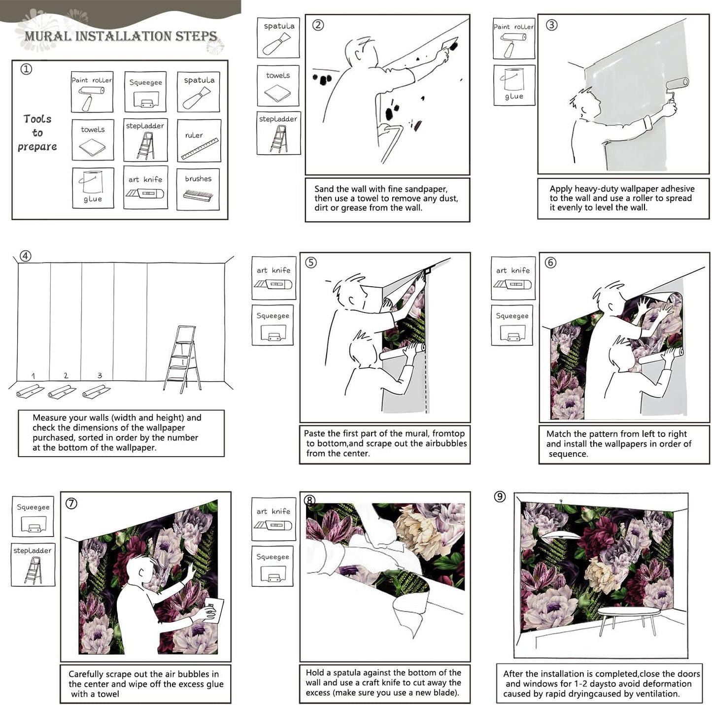 AFZEVEB-Purple Peony Wallpaper Watercolor Floral Wall Mural for Bedroom 136"x96"(Not Peel and Stick)