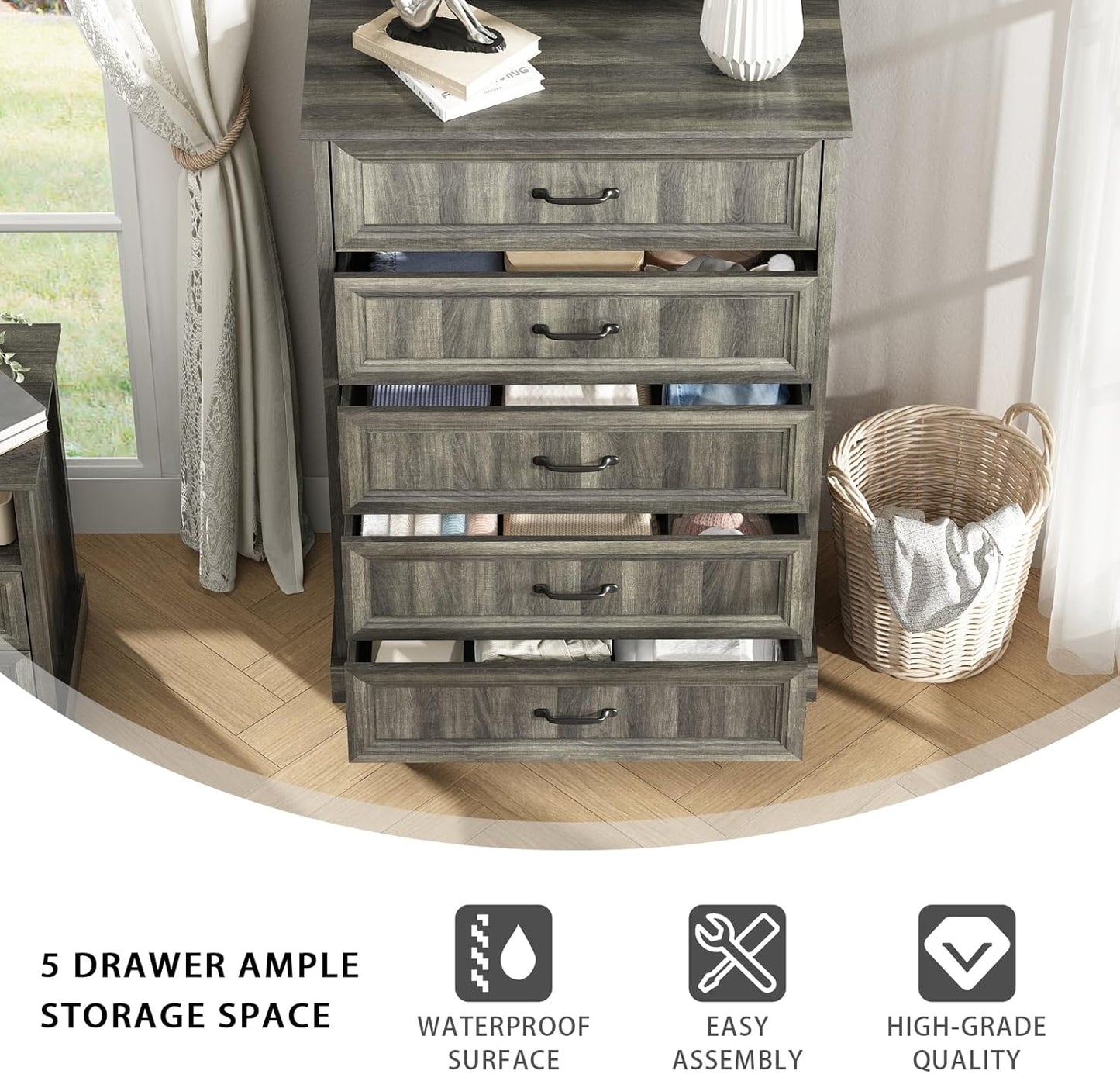 Farmhouse 5 Drawers Dresser for Bedroom, 44" Tall Grey dresser Wood Rustic Chest of Drawers with Wide Metal Handle,Natural Texture,Drawer Organizer for Bedroom,Living Room,Hallway and Entryway