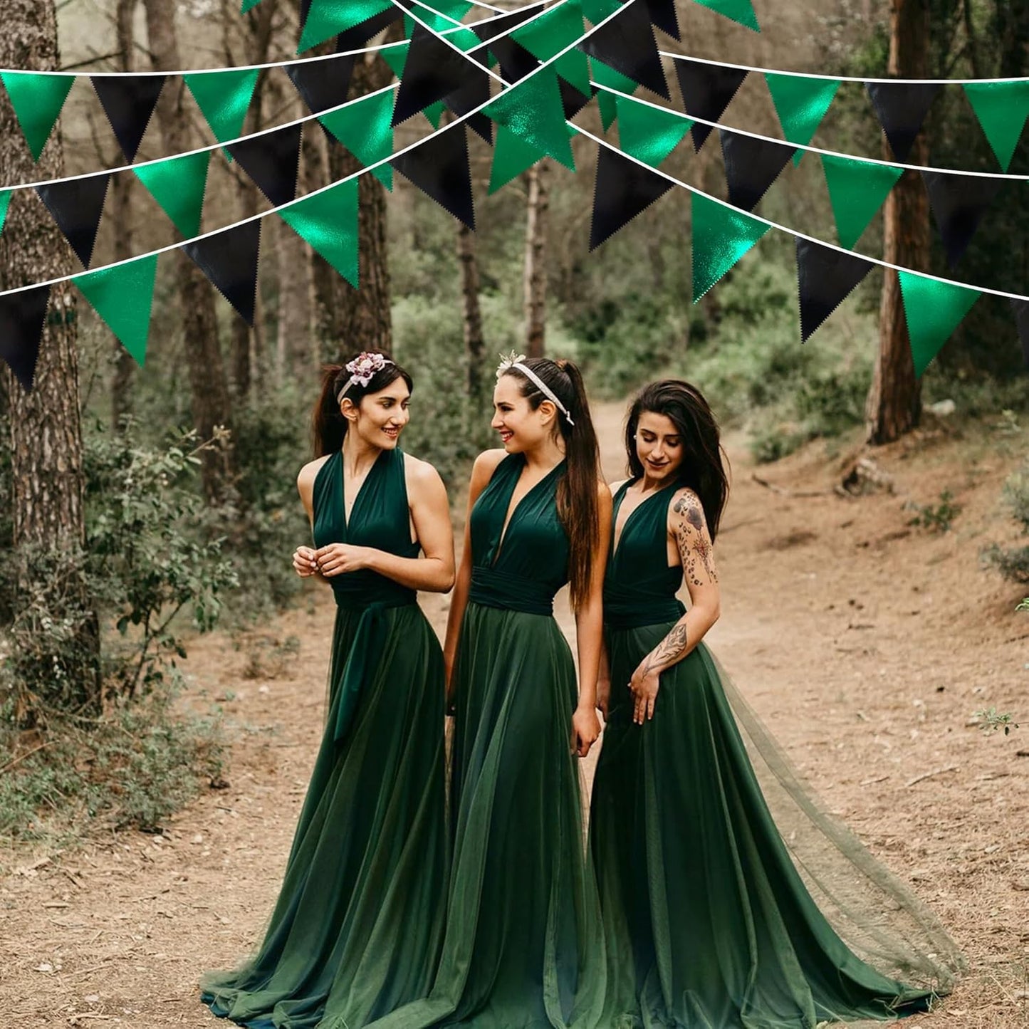 Black Green Party Decorations Metallic Fabric Triangle Pennant Banner Flag Bunting Garland for Video Game Soccer Birthday Graduations Wedding Bachelorette Halloween Outdoor Holiday Party Supplies