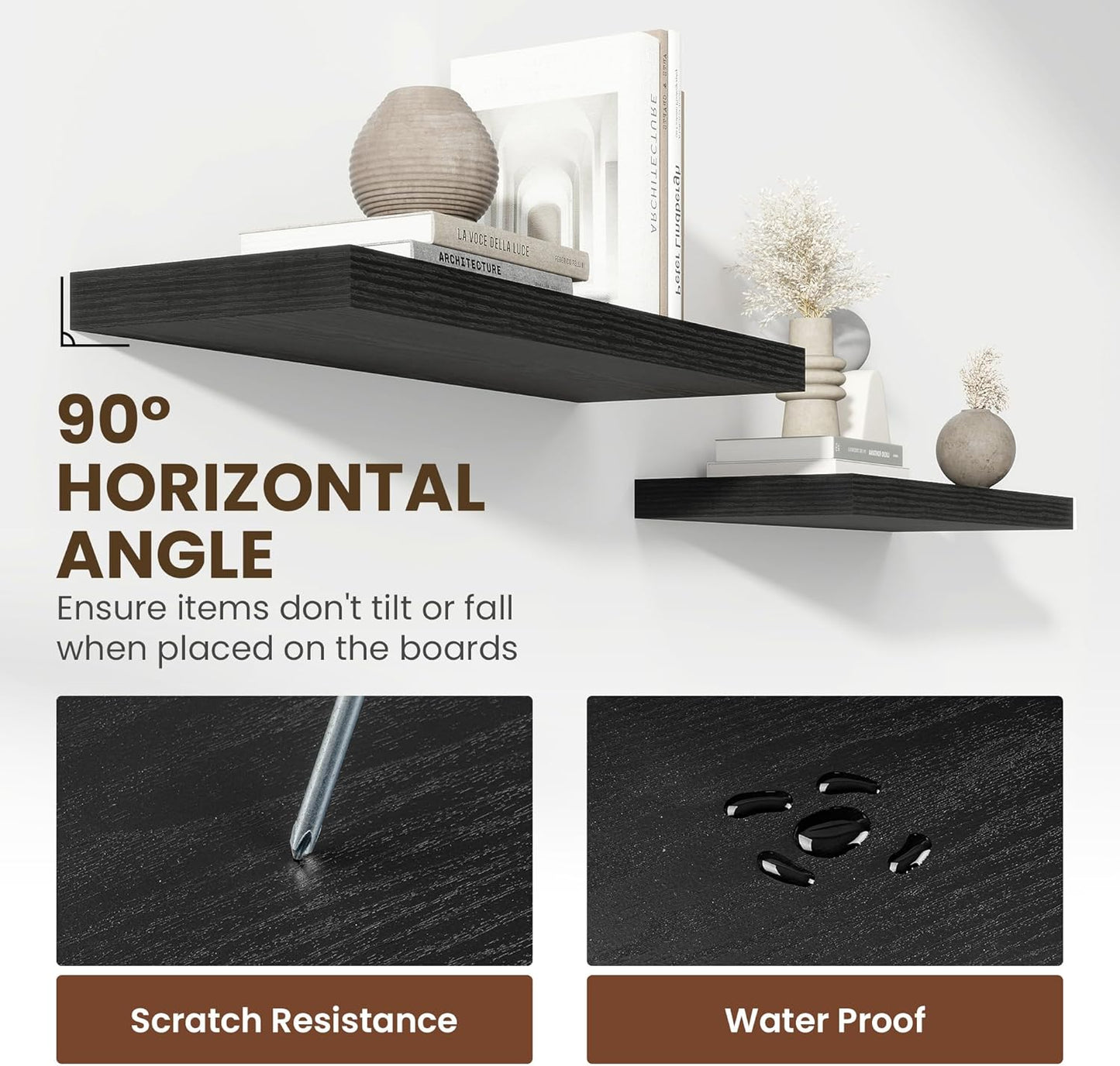 12 Inch Deep Floating Shelves, 24 Inch Long Floating Shelves for Wall, Floating Shelf with Invisible Brackets, Deep Shelves for Bathroom, Bedroom, Living Room, 2 Pack, Black