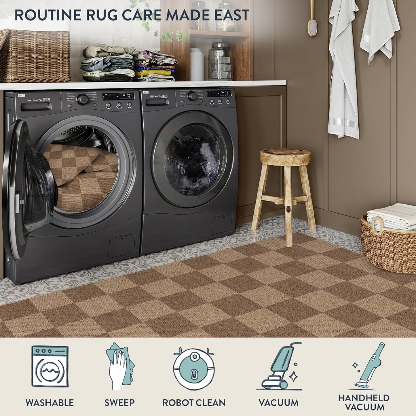 Lahome Checkered Easy Jute Living Room Rugs, 5x7 Large Dining Room Office Carpet Farmhouse Washable Area Rug, Checkerboard Neutral Non Slip Indoor Outdoor Carpet for Bedroom Entry Patio