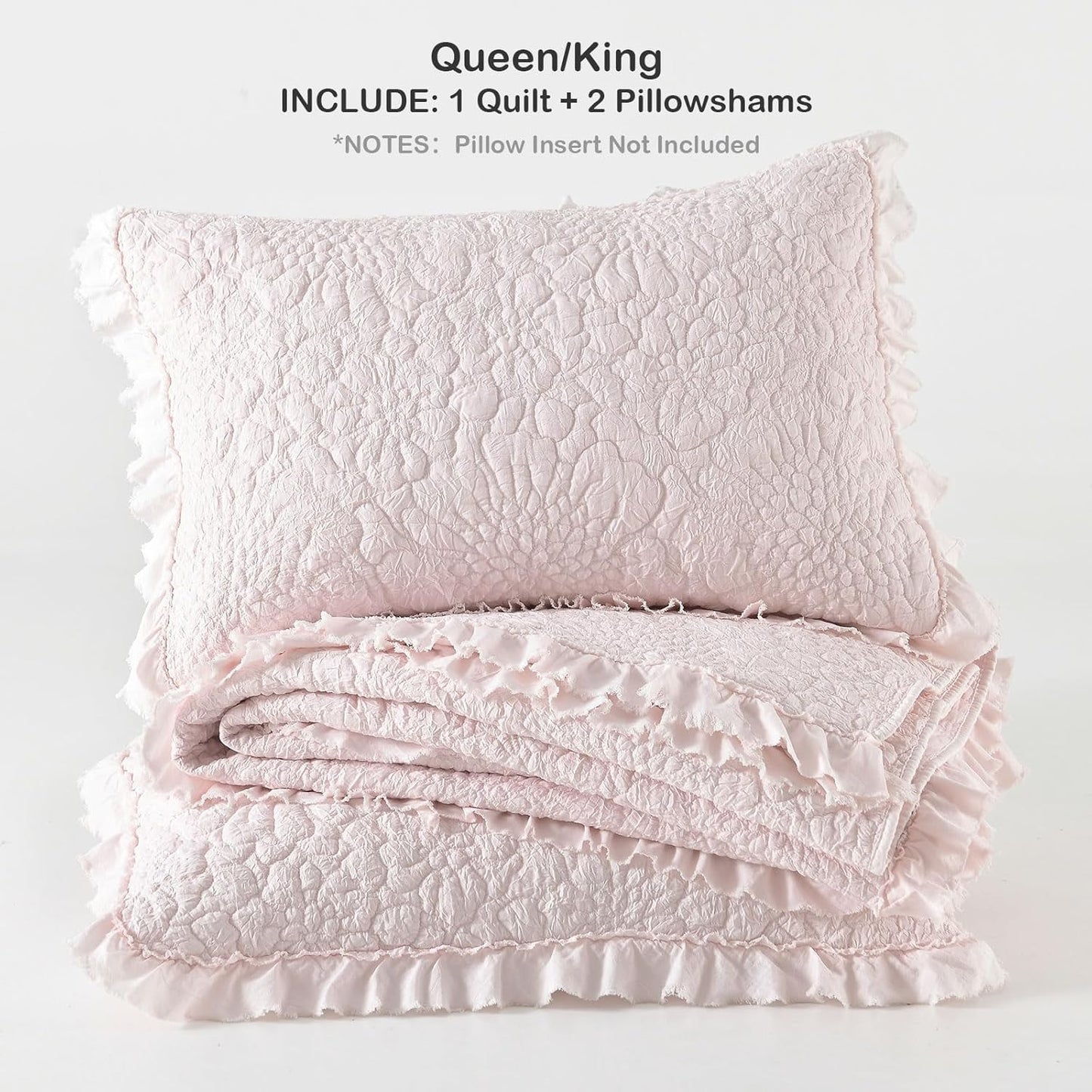 HORIMOTE HOME Pink Ruffled Quilt King Size, Stone-Washed Microfiber Lightweight Crinkled Farmhouse Rustic Shabby Chic Bedding Set, 3 Pieces Reversible Bedspread with Pillow Shams for All Season