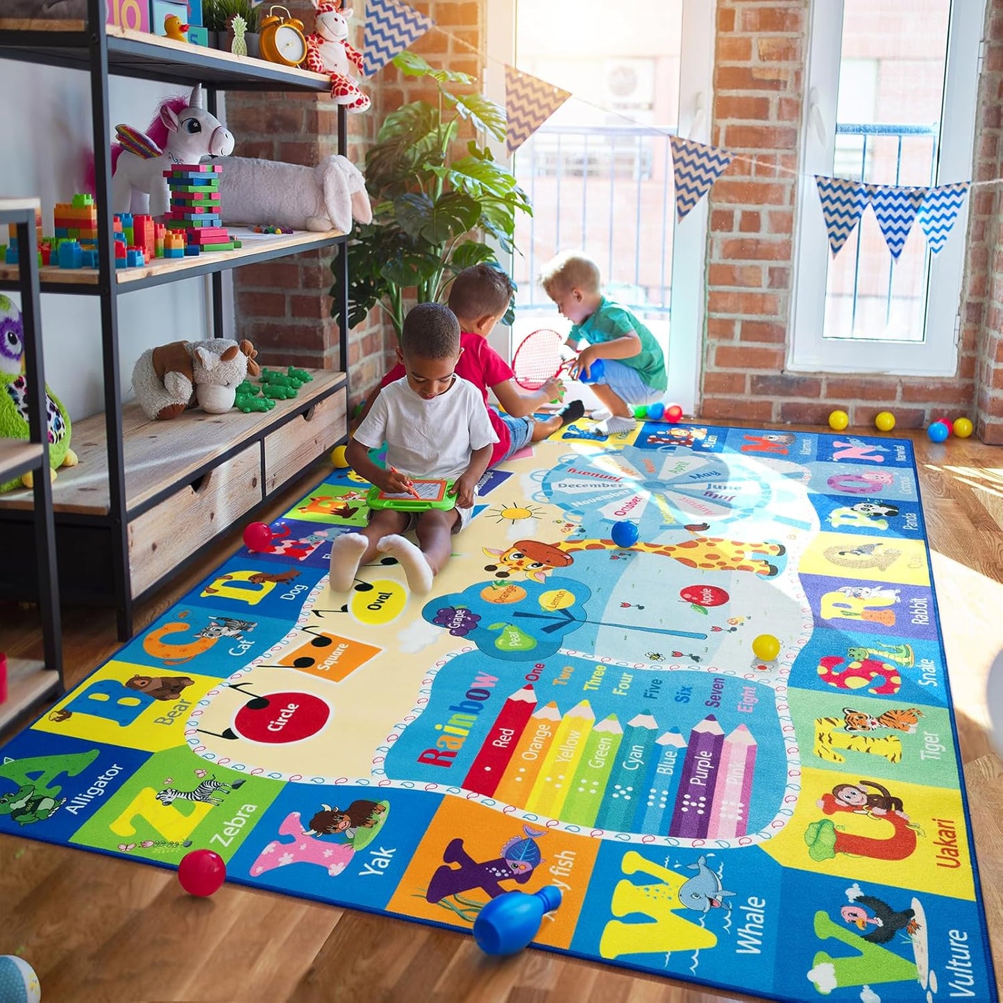 Kids Rugs for Playroom Washable, Educational and Fun Learning Rugs with ABC Alphabet Animals Shapes, Baby Toddler Children's Play Mat for Bedroom Classroom Nursery, 3x5 Feet, Blue