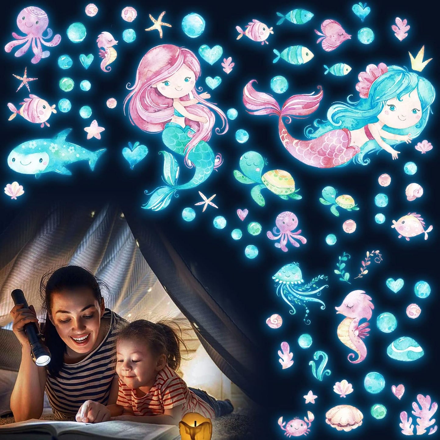 Luminous Mermaid Wall Stickers Decals,Glow in The Dark Mermaid Starfish Wall Decals, Glowing Self-Adhesive Stickers for Ceiling Decor, Kids Baby Room Wall Stickers Decoration for Girls Gifts (meireny)
