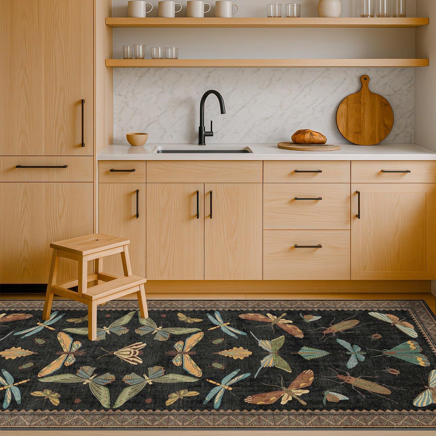 2x6 Black Entryway Runner Rugs Washable Non Slip Runners for Hallway, Kitchen, Mudroom, Laundry Room, Stain Resistant Ultra Soft Non Skid, Nature Insect Fantasy Whimsical Indoor Decor