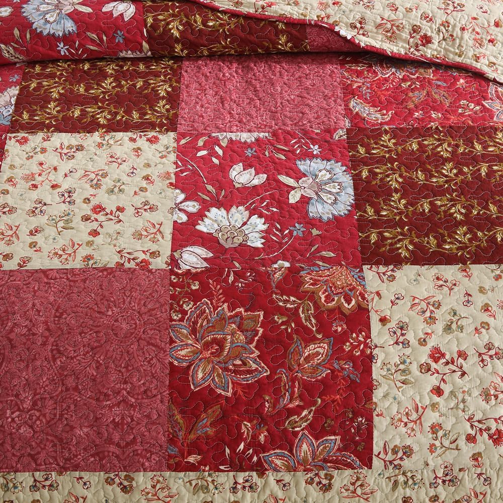 Cotton Bedspread Quilt Bedding Sets 3 Pieces Reversible Coverlet Sets Comforters Vintage Floral Patchwork Purple Red Bedspread, Queen Size