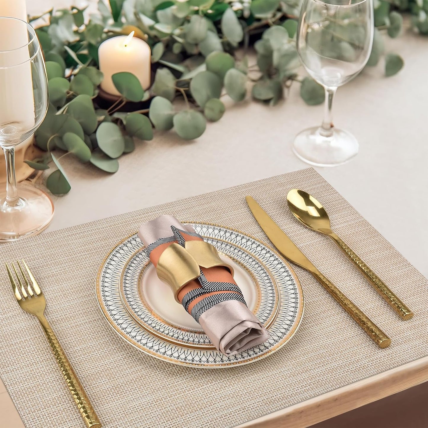 Placemats Set of 8 - Easy Clean Washable Vinyl Placemats - Wipeable Heat Resistant Table Mats for Dining Table - 17.7x11.8 Inch (8, Beige)