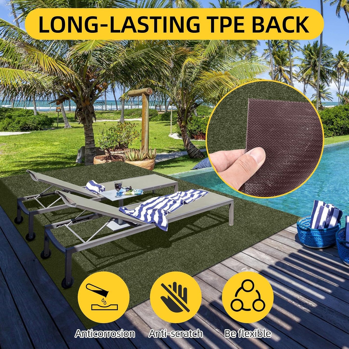 Marine Carpet,6 FT x 14 FT Olive Green Indoor Outdoor Carpet 0.2" Thick with Water-Proof TPE Backing, Non-Slide for Home, Patio, Porch, Deck