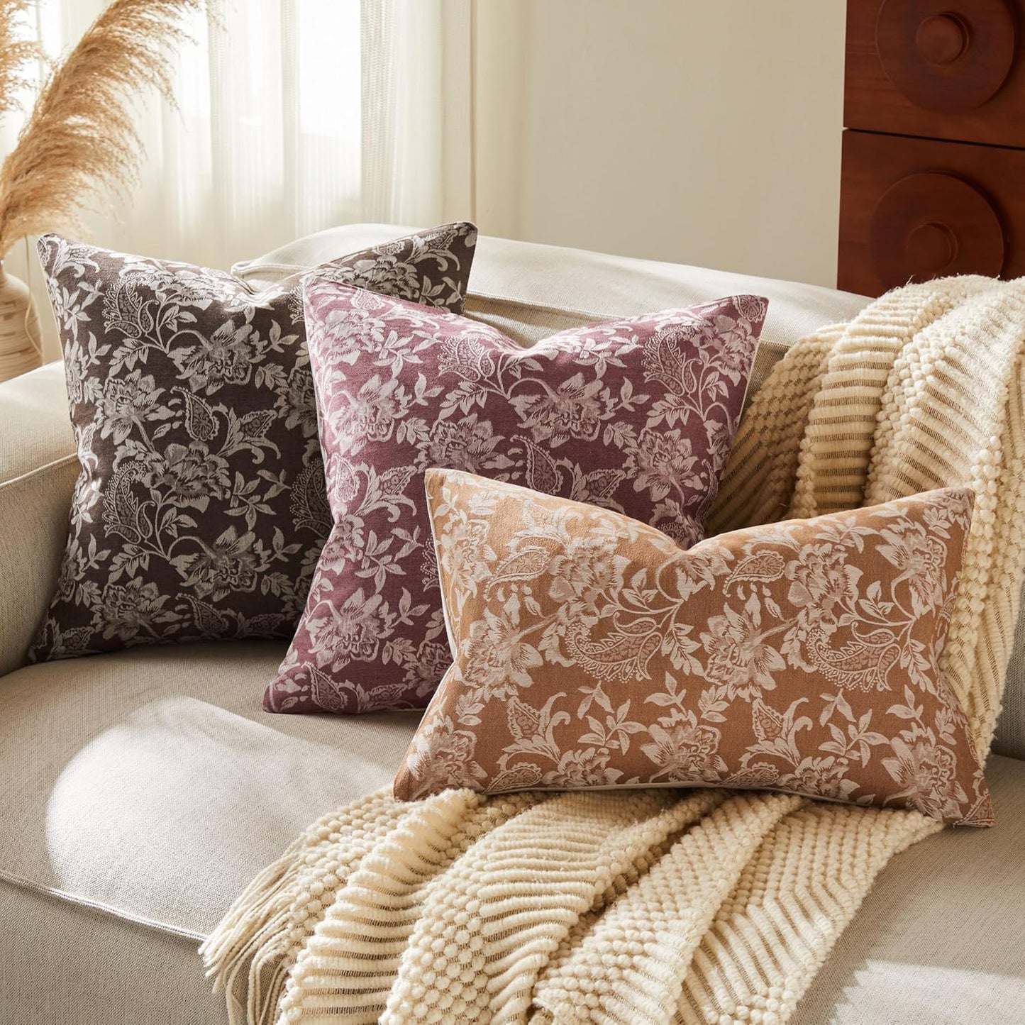 Floral Jacquard Lumbar Throw Pillow Covers Set of 2, Background/Caramal 12x20 Inch, Farmhouse Decorative Cotton Caramal Cushion Covers for Sofa Bed Living Room Home Decor