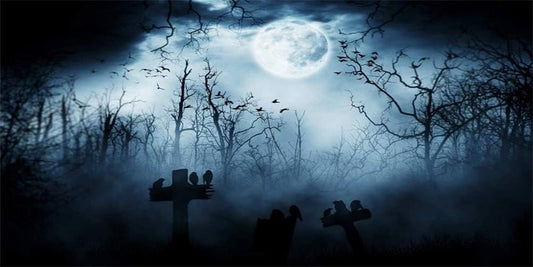 AOFOTO 15x8ft Moon Night Halloween Cemetery Photography Backdrop Flying Bats Birds Stand on Gravestone Cross Graveyard in Dark Forest Photo Background Cloth Vinyl Wallpaper Photo Studio Props