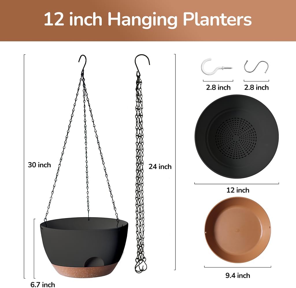 12 Inch Hanging Baskets for Plants Outdoor, Hanging Planters for Indoor Outdoor Plants, Hanging Planter with Self Watering, Hanging Flower Pots (Black)