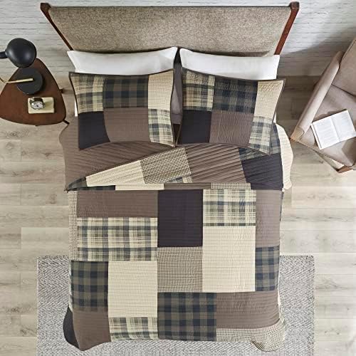 Woolrich Winter Hills Reversible Quilt Set - Cottage Styling Reversed to Solid Color, All Season Lightweight Coverlet, Cozy Bedding Layer, Matching Shams, Oversized Full/Queen, Plaid Tan 3 Piece