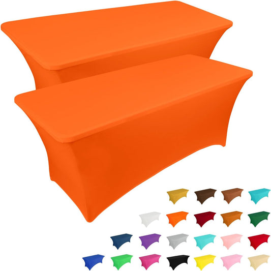 IVAPUPU 2 Pack 8FT Table Cloth for Rectangular Fitted Events Stretch Orange Table Covers Washable Cover Spandex Tablecloth Protector for Party, Wedding, Cocktail, Banquet, Festival