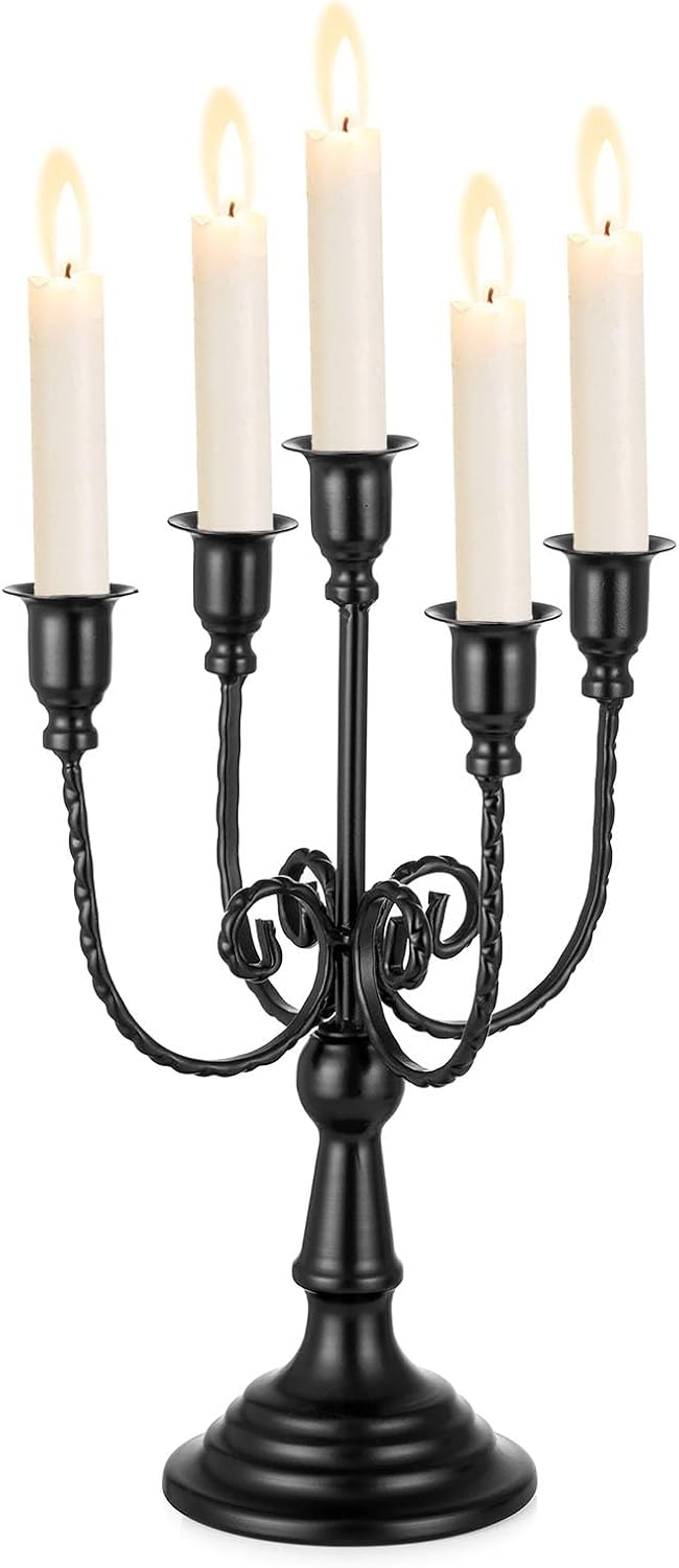 Sziqiqi Candelabra Black Candle Holders - 5 Arms Candlestick Centerpiece for Tables Vintage Candleholder Stand for Halloween Thanksgiving Decor