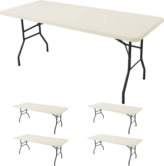 Fitted Tablecloth for 8 Foot Rectangle Tables-4 Pack Cream Elastic Outdoor Picnic Table Cover-Spandex Stretch Folding Table Cloths 8ft for Camping Dining Room Patio Kitchen Banquet Party