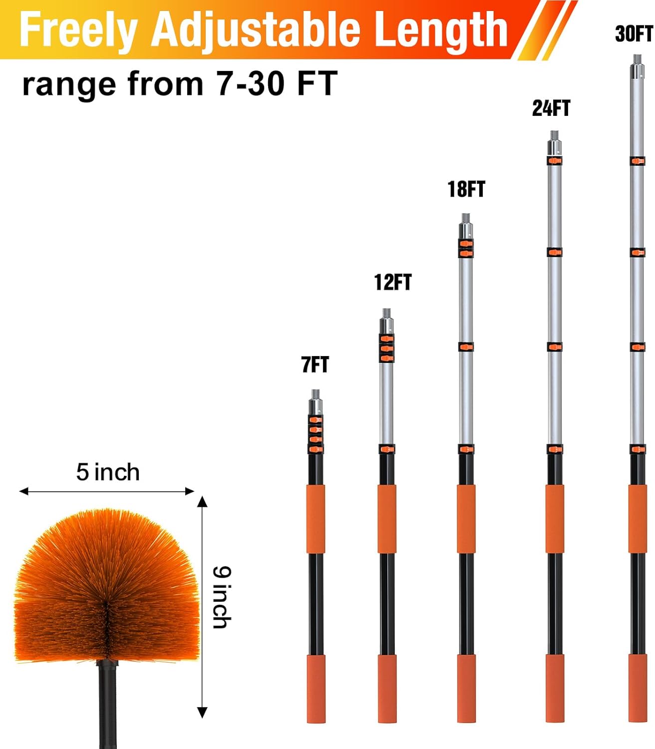 30FT (36FT Reach) Cobweb Duster with Extension Pole, Spider Web Brush for Cleaning Extendable, Professional Ceiling and Corner Dusters for Outdoor Indoor Use