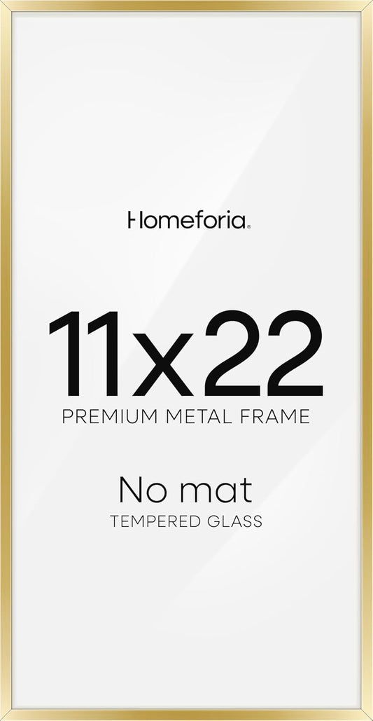 Homeforia 11x22 Newspaper Frame Gold, High End Metal 11 x 22 Picture Frame without Mat, 22x11 Thin Gold Poster Frames for Wall, 11 by 22 inches Display Photo Frames, Tempered Glass, Wall Kit, Set of 1