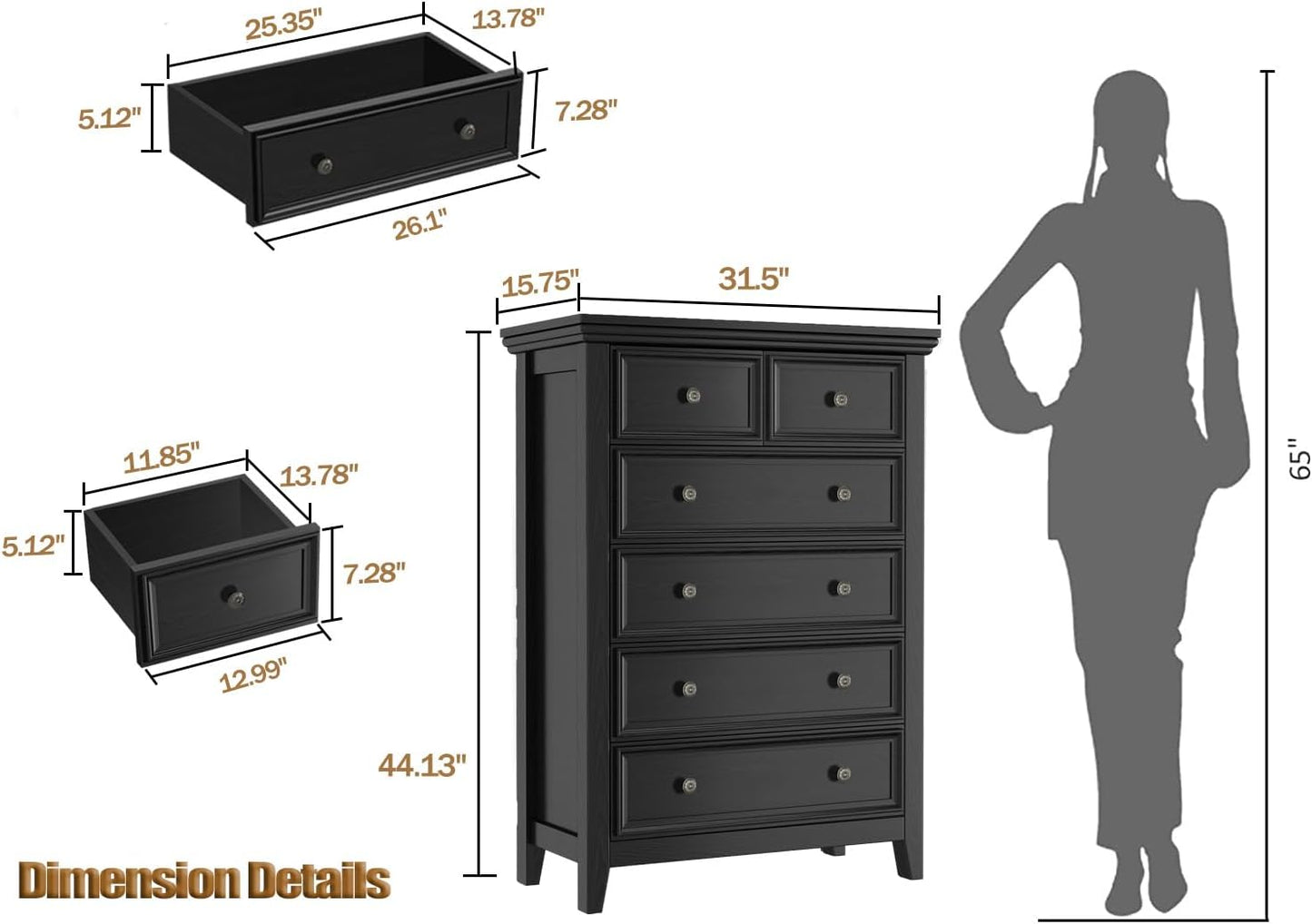 BLANKSPACE Black Dresser, 6 Chest Drawer Dresser for Bedroom, Large Capacity Nightstand, Modern Wood Cabinet for Bedroom, Living Room, Closets