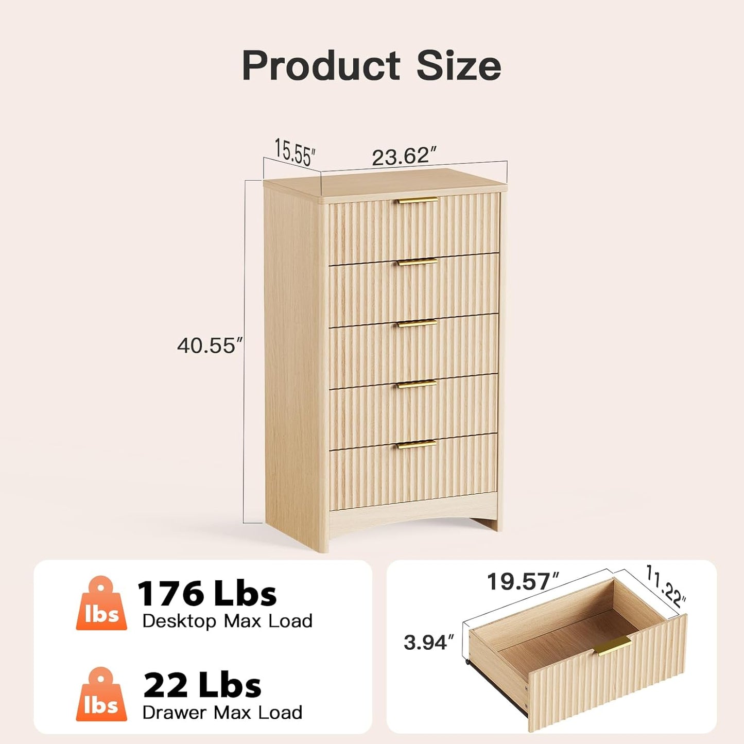 Pipishell Dresser for Bedroom, Fluted 5 Drawers Dresser, 40" Tall Modern Chest of Drawer with Round Edge & Pre-Installed Drawer Slides, Natural Wood Drawer Organizer for Bedroom, Hallway, Natural Oak