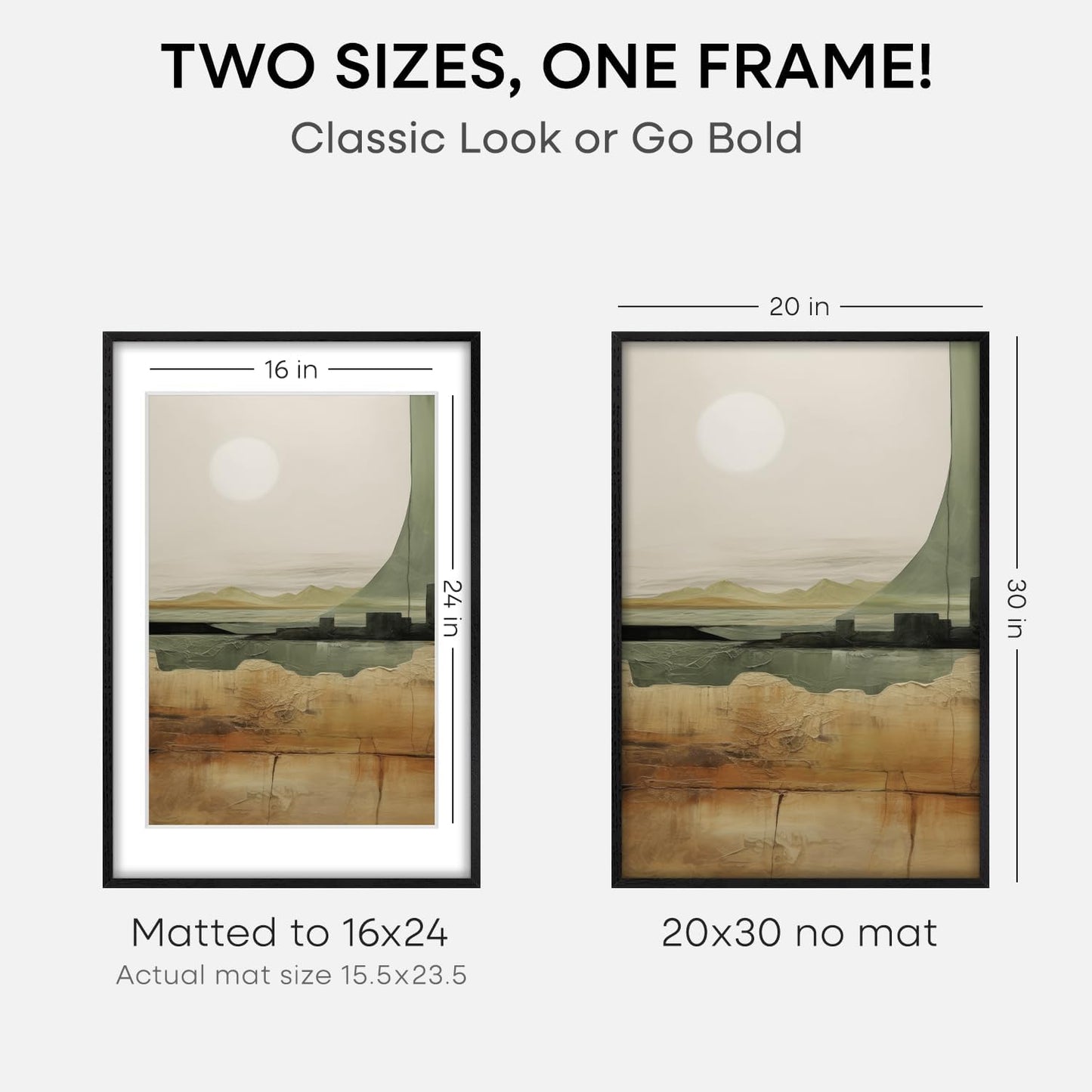 Homeforia 20x30 Black Wood Frame, High End Oak 20x30 Wooden Picture Frames with Mat 16x24 Photo, 20 x 30 Poster Frame Matted to 16 by 24 Print, 30x20 Hanging Frames, Tempered Glass, Wall Kit, Set of 1